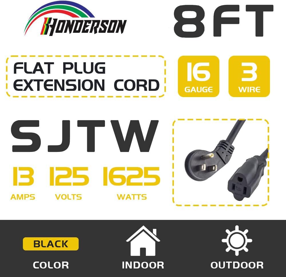 Honderson Flat Plug Indoor Extension Cord, Ul Listed, 16 Gauge 8Ft Black 3 Prong Heavy Duty Extension Cord, 16/3 Sjtw 13A Power