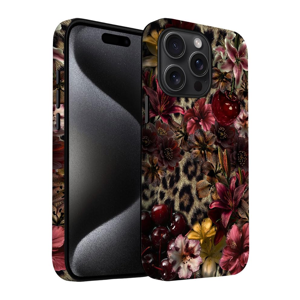 Yuzbira for iPhone 15 Pro Case | Lily Leopard Print Cherry | Slim Drop Protection Design
