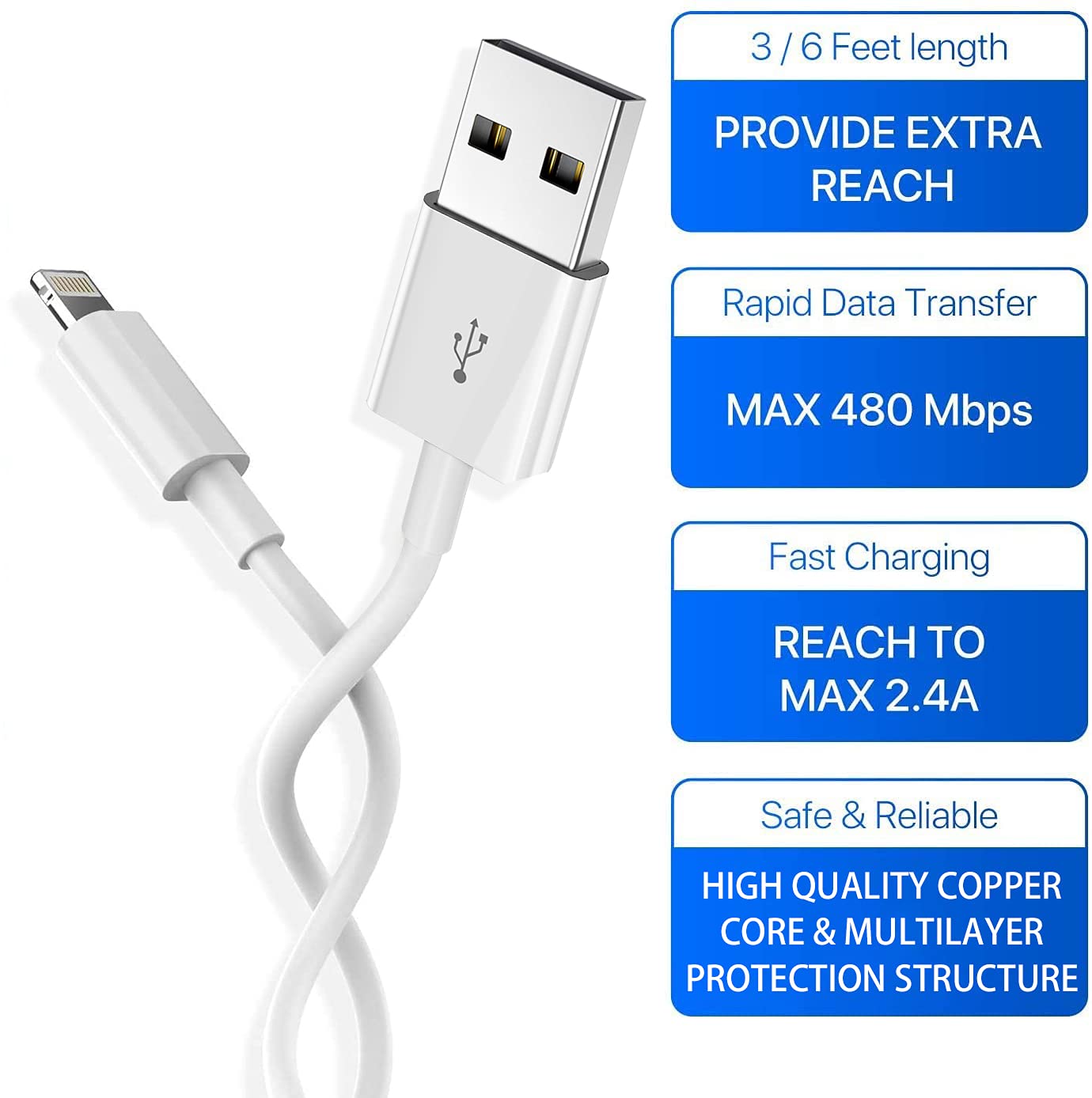 Iphone Charger Cable,Lightning To Usb A Mfi Certified Cord 4Pack [3/3/6/6Ft] Fast Charging Cord Compatible Iphone Iphone 12/12 Pro/Max/11/11Pro/Xs/Max/Xr/X/8/8Plus/7/6S/6/Plus/Ipad Air White
