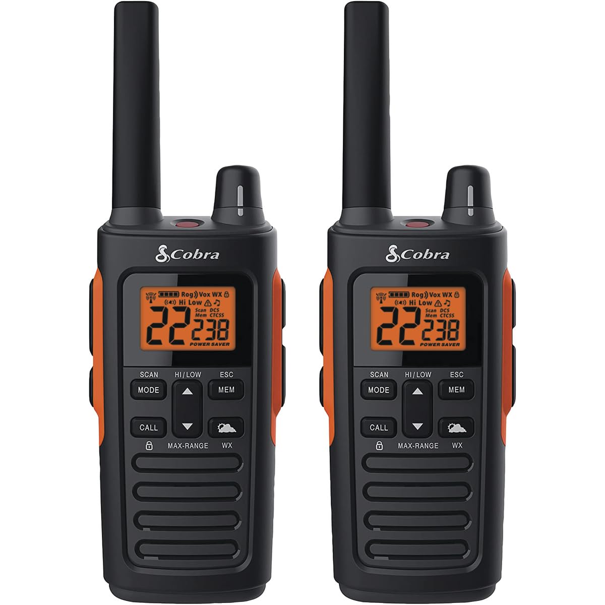 Cobra Rx680 Waterproof Walkie Talkies   Rechargeable, 60 Preset Channels, Long Range 38 Mile Two Way Radio Set (2 Pack),Black And Orange