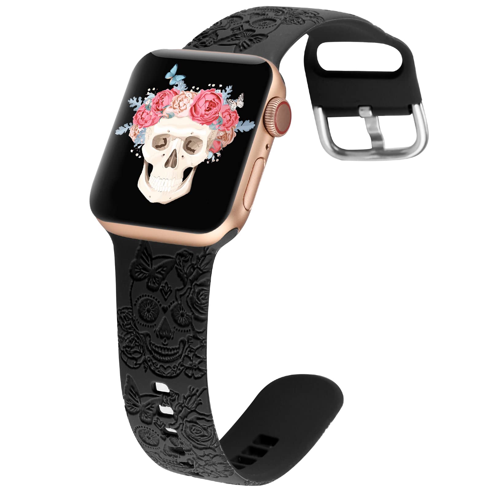 Skull Engraved Design Sport Bands Compatible With Apple Watch Iwatch Bands 40Mm 38Mm 41Mm, Flower Pattern Laser Printed Soft Sil