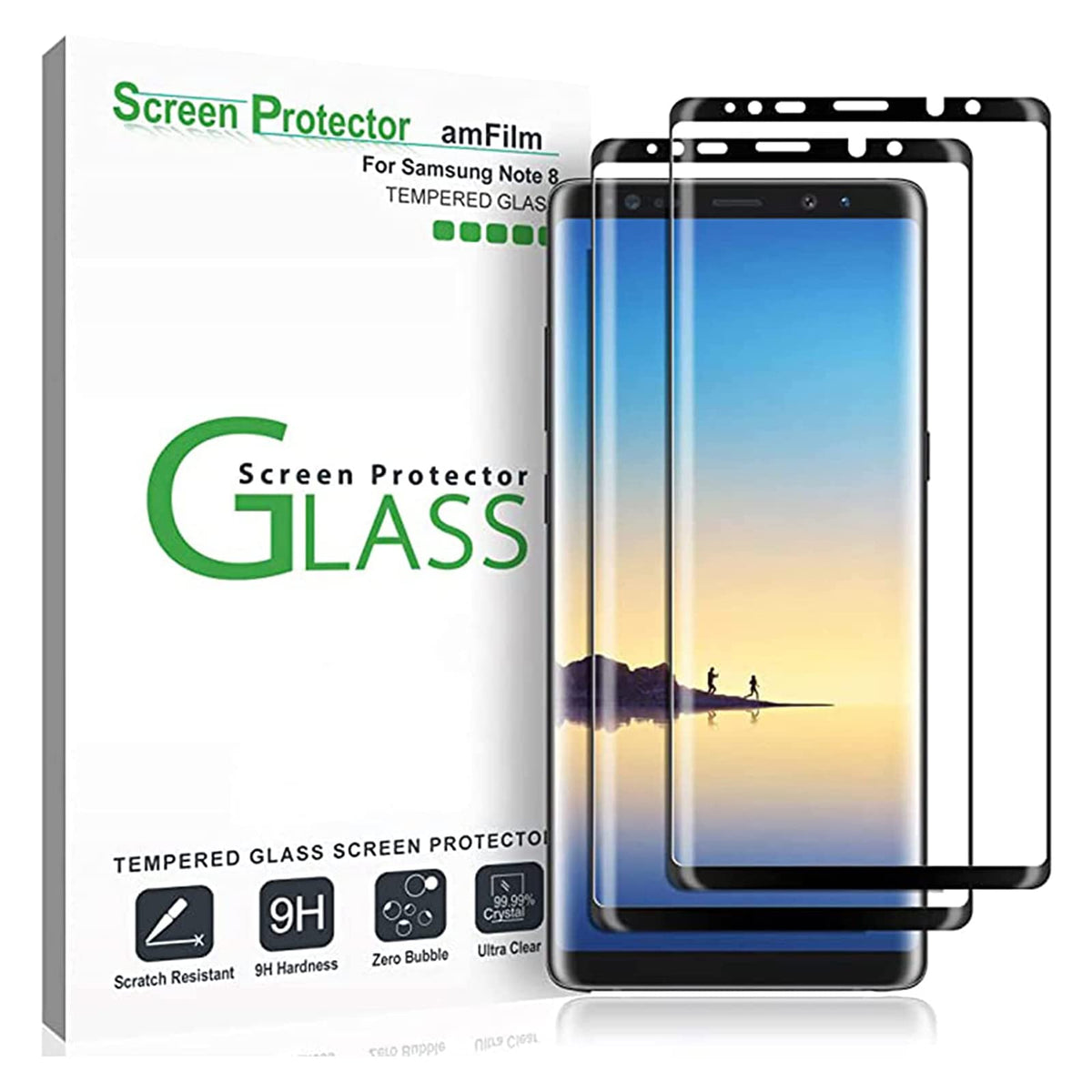 Amfilm (2 Pack Glass Screen Protector For Samsung Galaxy Note 8, Full Screen Coverage, 3D Curved Tempered Glass, Dot Matrix With