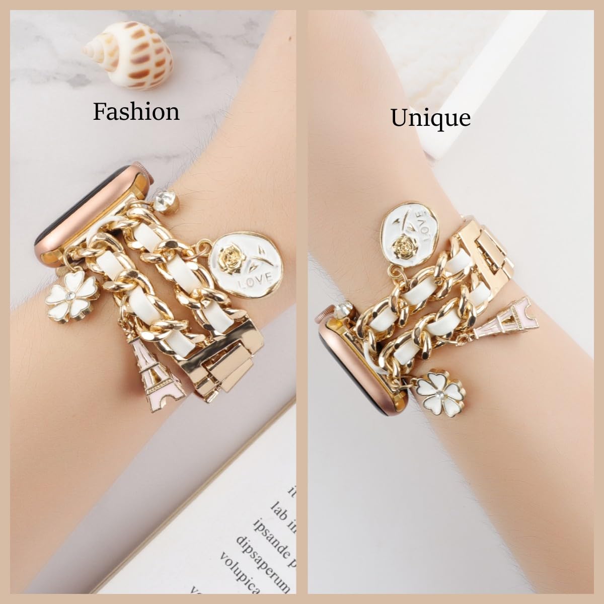 Realsign Stylish Metal Wristband Compatible With Apple Watch Bands 38Mm 40Mm 41Mm,Cuban Chain Band With Cute Unique Pendants Flo