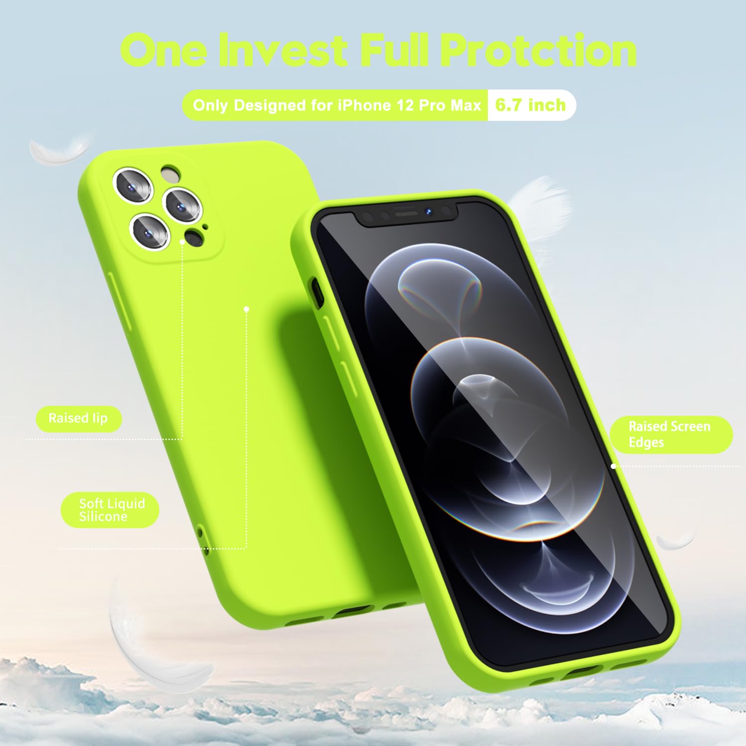 Oakxco For Iphone 12 Pro Max Case Liquid Silicone, Fluorescent Bright Solid Color, Soft Rubber Gel Elegant Aesthetic Cover, Slim