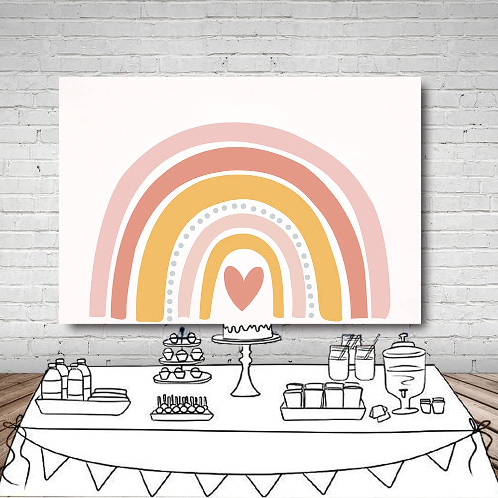 Mehofond 7X5Ft Boho Rainbow Pink Birthday Backdrop Bohemian Baby Girl Photography Background Happy 1St Birthday Party Banner Decoration Supplies Sweetheart Cake Smash Table Photo Studio Booth Props