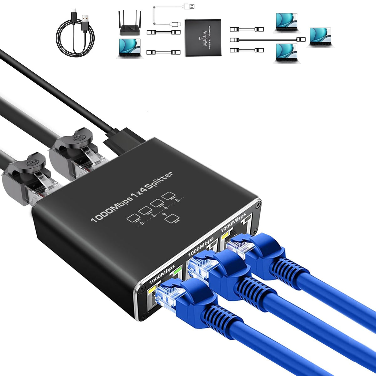 Pushua Gigabit Ethernet Splitter 1 To 4 High Speed(4 Devices Simultaneously Networking), Internet Splitter 1000Mbps, Lan Splitte