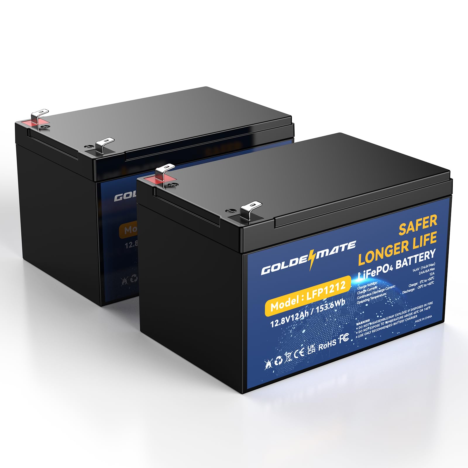 GOLDENMATE 12V 12Ah Lithium LiFePO4 Deep Cycle Battery 2 Pack, 5000+ Cycle Rechargeable Lithium Iron Phosphate Battery for Solar
