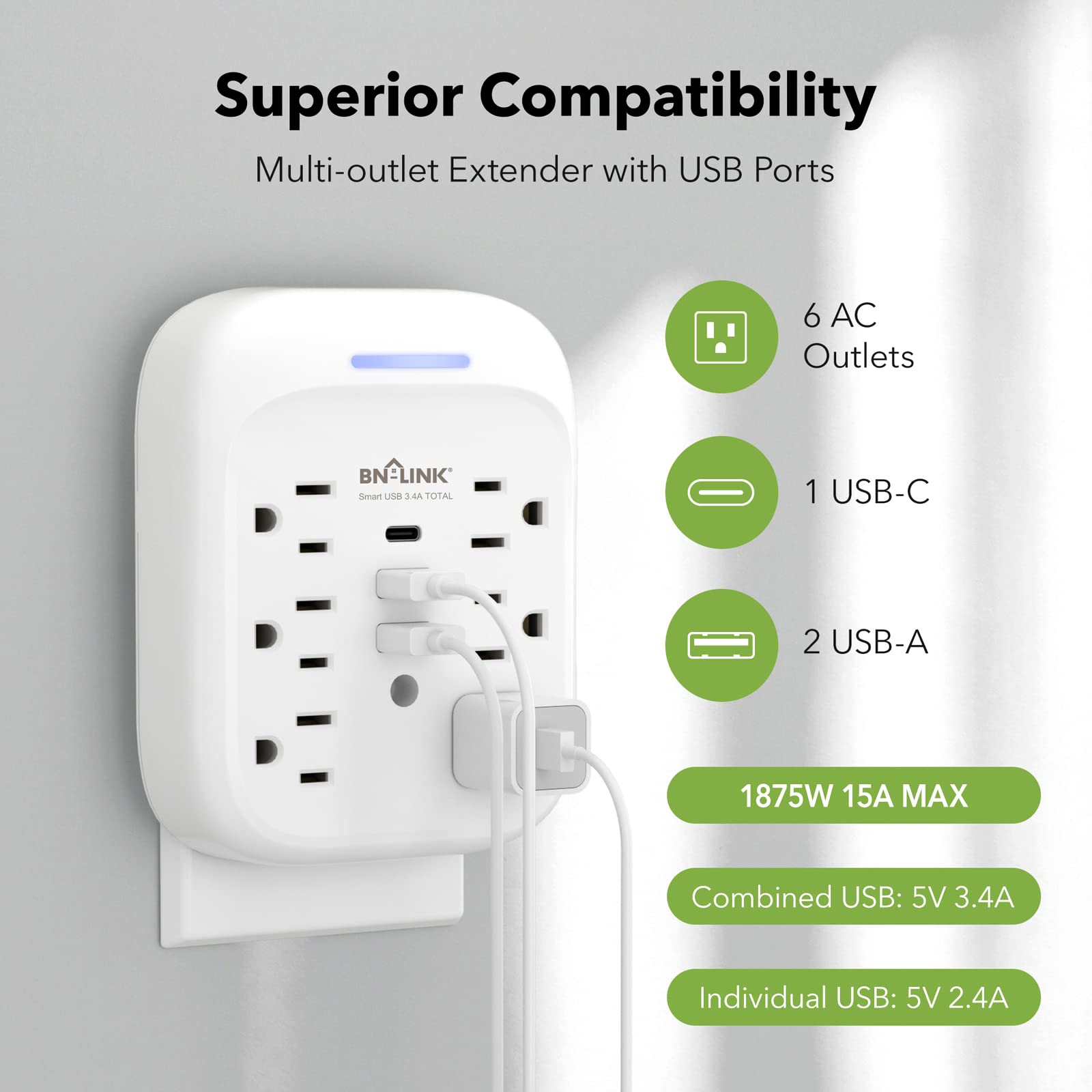 Bn-Link Surge Protector Usb Wall 6 Outlet Extender With 3 Usb Ports (Usb C), Multi Plug Outlet Expander, Electrical Splitter For