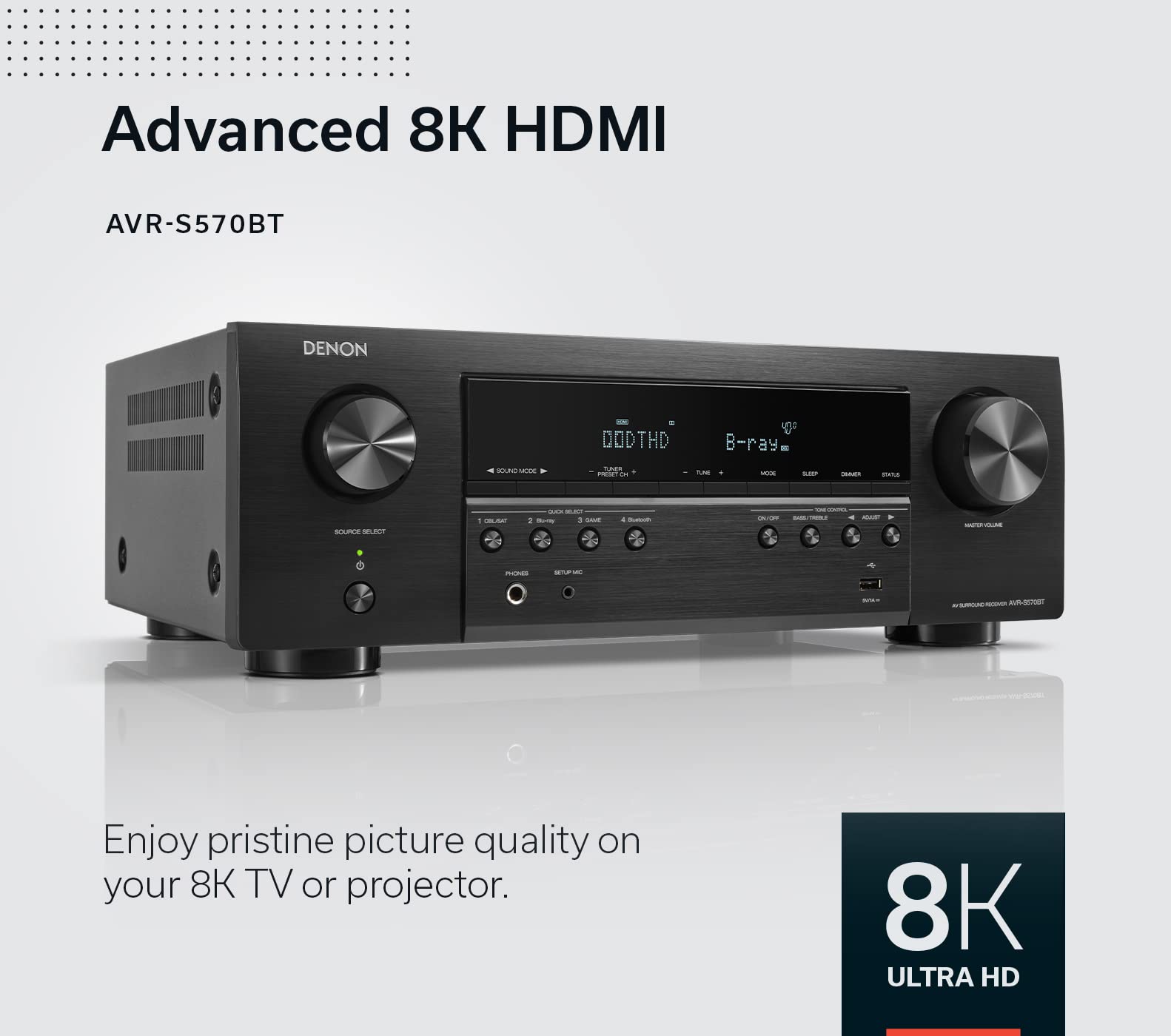 Denon Avr S570Bt 5.2 Channel Av Receiver   8K Ultra Hd Audio & Video, Enhanced Gaming Experience, Wireless Streaming Via Built I