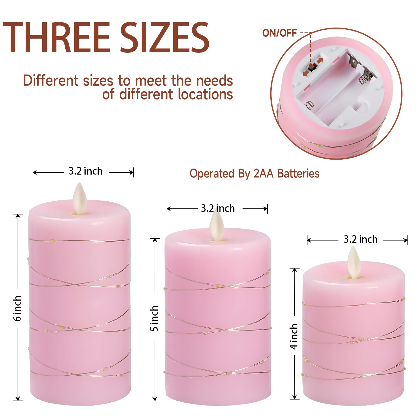 Fanzir Pink Flameless Candles With String Lights Battery Operated Flickering Led Pillar Candles 4? 5? 6? Candle With Remote Cont