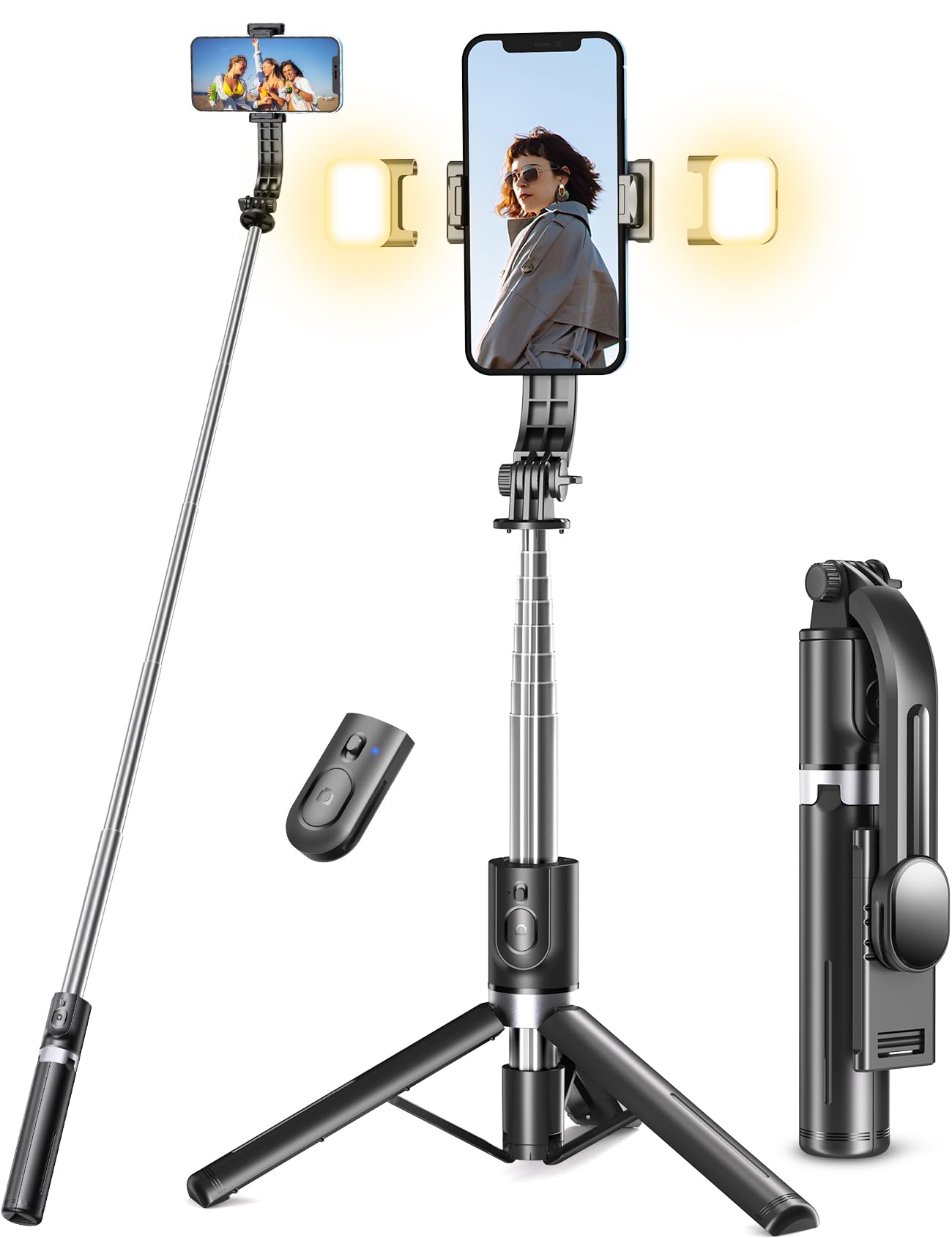 Selfie Stick Tripod With 2 Fill Lights, 45 Extra Long Cell Phone Tripod With Detachable Remote, Compatible With Iphone, Samsung