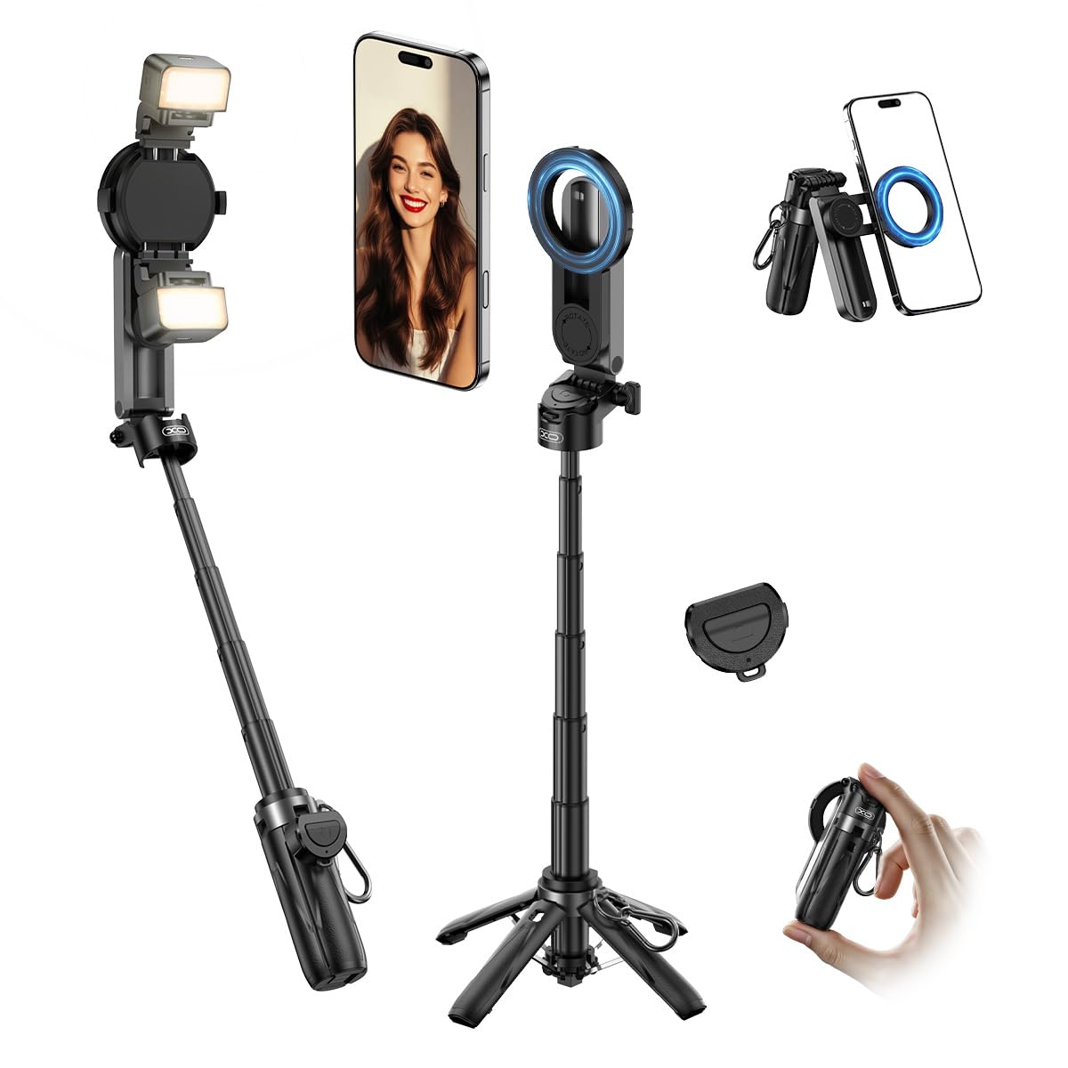 Magnetic Mini Phone Selfie Stick with 2 Fill Light, 360 Rotation Portable Phone Travel Tripod with Remote Control,Magnetic Chuck