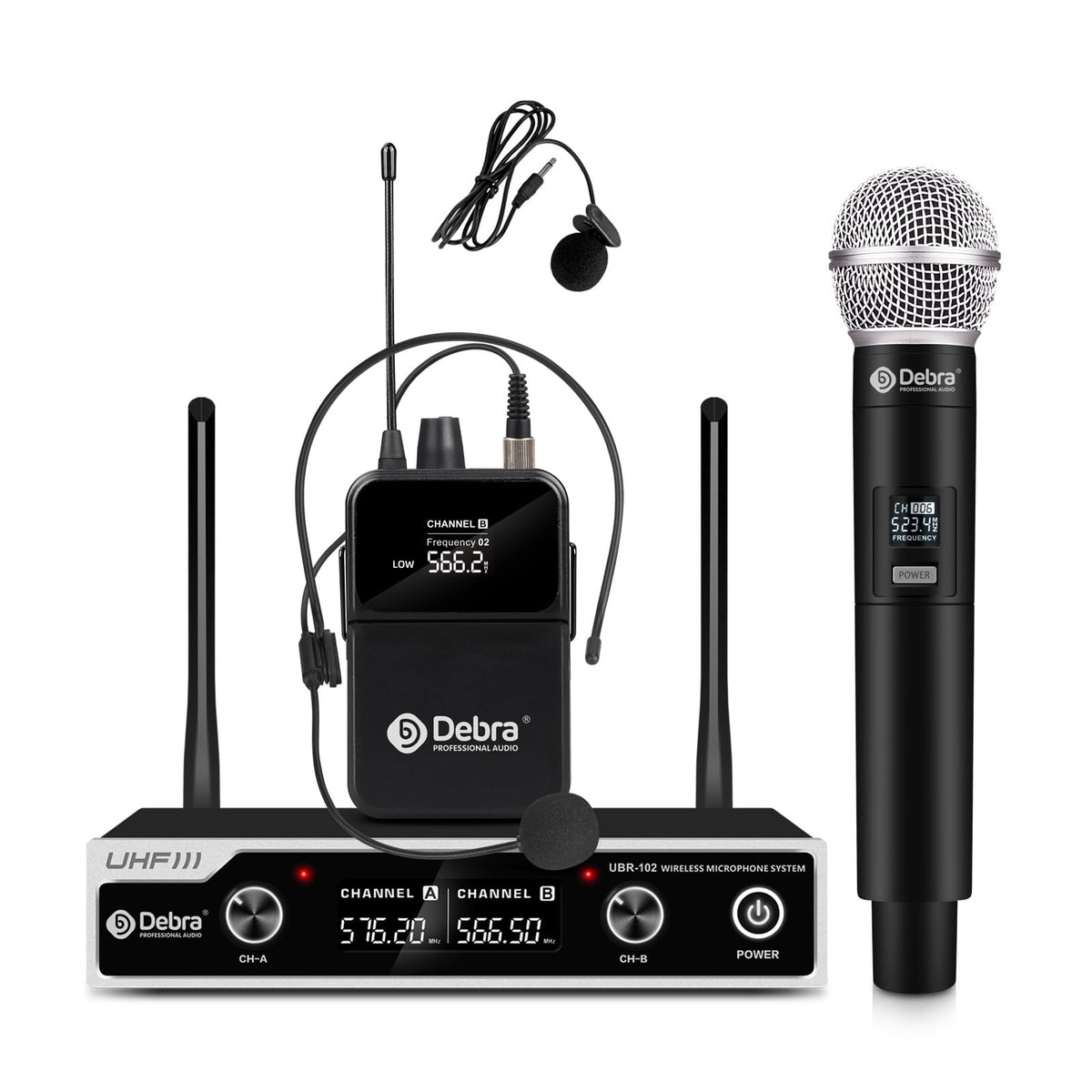 D Debra Wireless Microphone System Uhf Ubr 102 With Cordless Handheld Lavalier Headset Mics, 260Ft Range, Suitable For Church, L