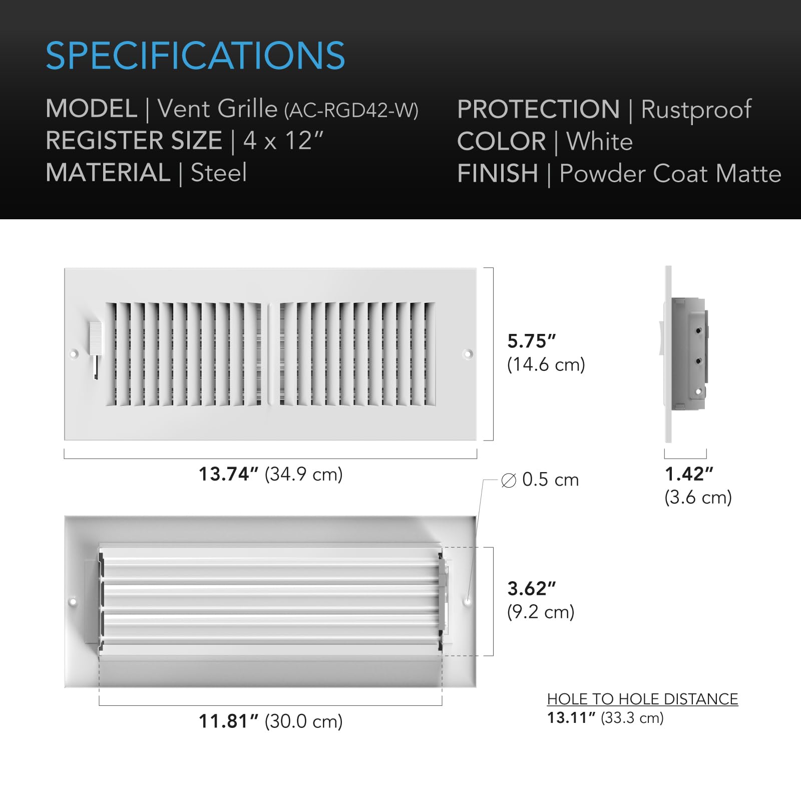 Ac Infinity Register Vent Grille 4'' X 12'', White Hvac Vent Register Replacement, Heavy Duty Steel Air Vents For Ceiling, Wall,