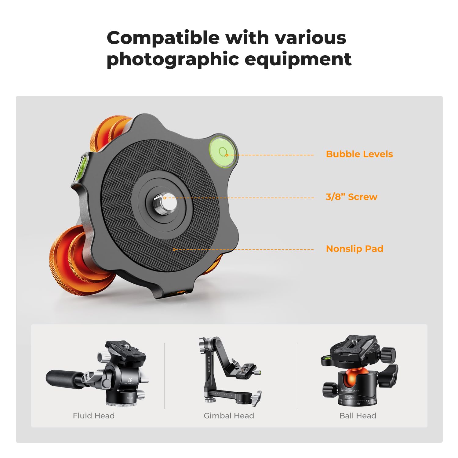 K&F Concept Tripod Leveling Base, Aircraft Grade Aluminum Tripod Leveler Stand, 3/8�Or 1/4�Thread, +/ 5�Precise Angle Adjustmentideal Tripod Base For Macro And Panoramic Photography.