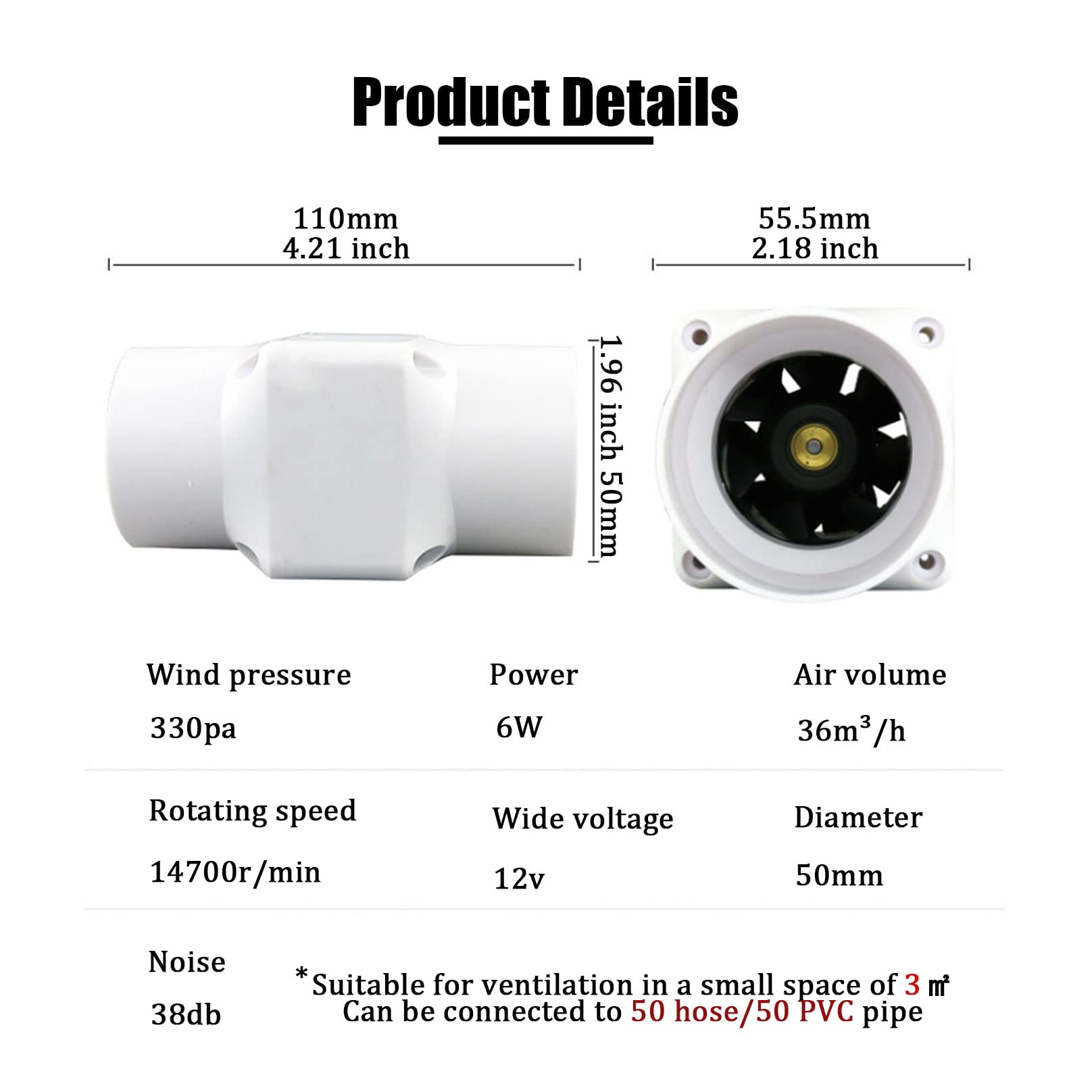 Ttiiloe Inline Duct Fan 2 Inch 50Mm Ventilation Exhaust Booster 62 Cfm Quiet Fan Filter Duct Kit 6W 12V Intake Fume Extractor Bl