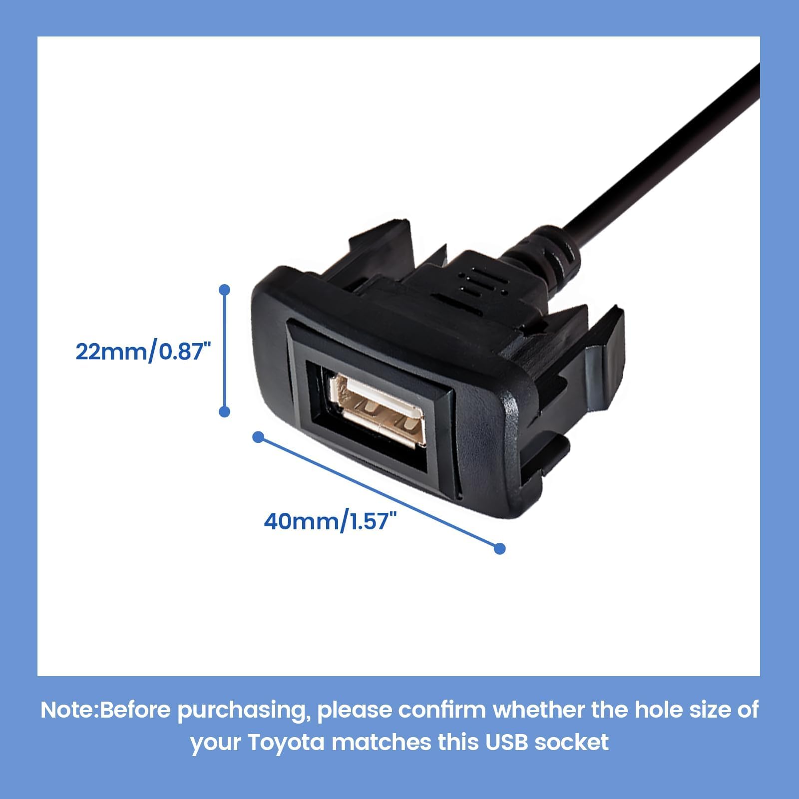 Anina 1.57'X0.87' Usb Port Car Charger For Toyota, Male To Female Usb Power Socket Adapter, Panel Flush Mount Extension Cable For Tacoma Fj Cruiser Highlander, Square Vehicle Dash Port For Ios Android