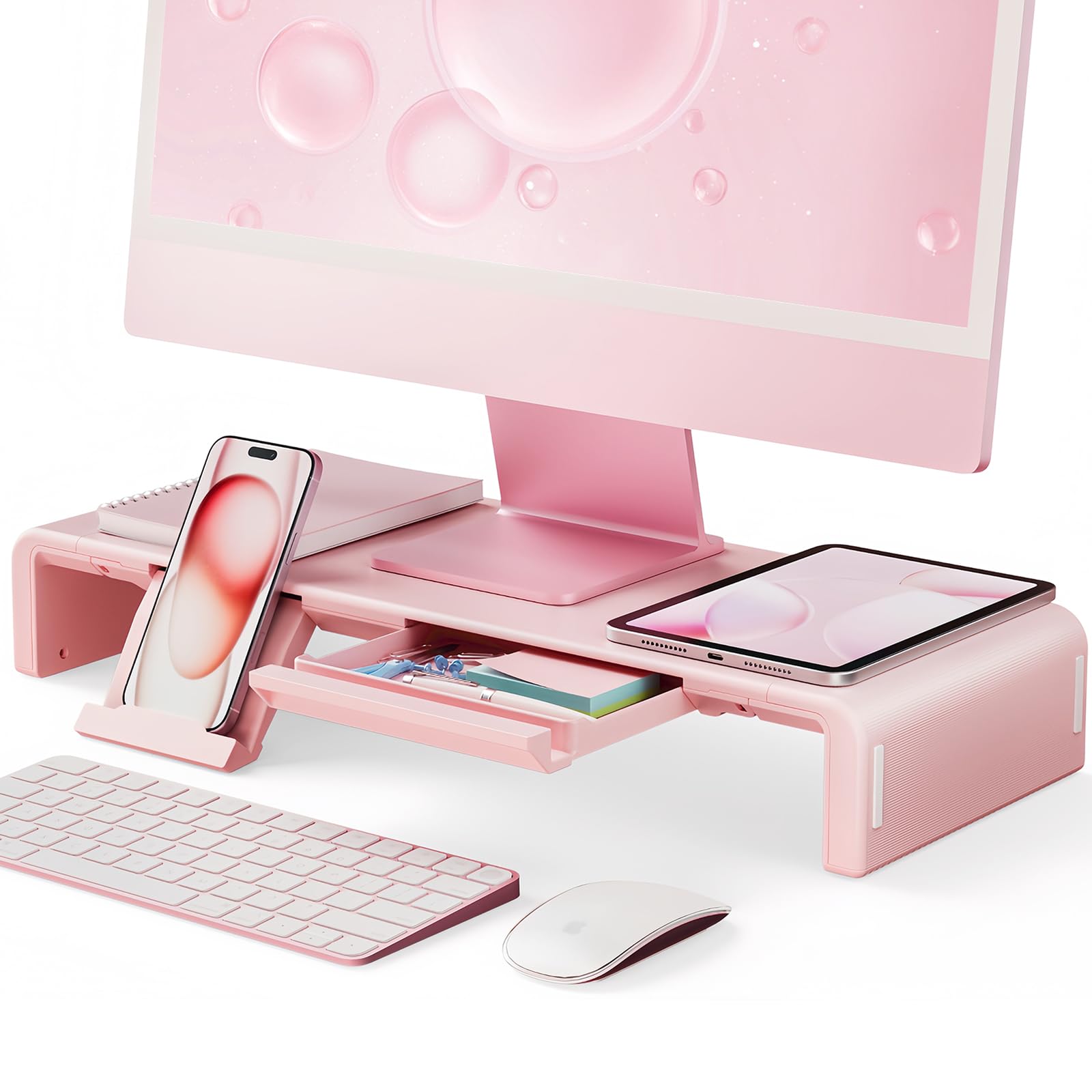 Pink Monitor Stand Riser, Klearlook Foldable, Height Adjustable Computer Stand, Desk Shelf Riser with Storage Drawer &Tablet Pho