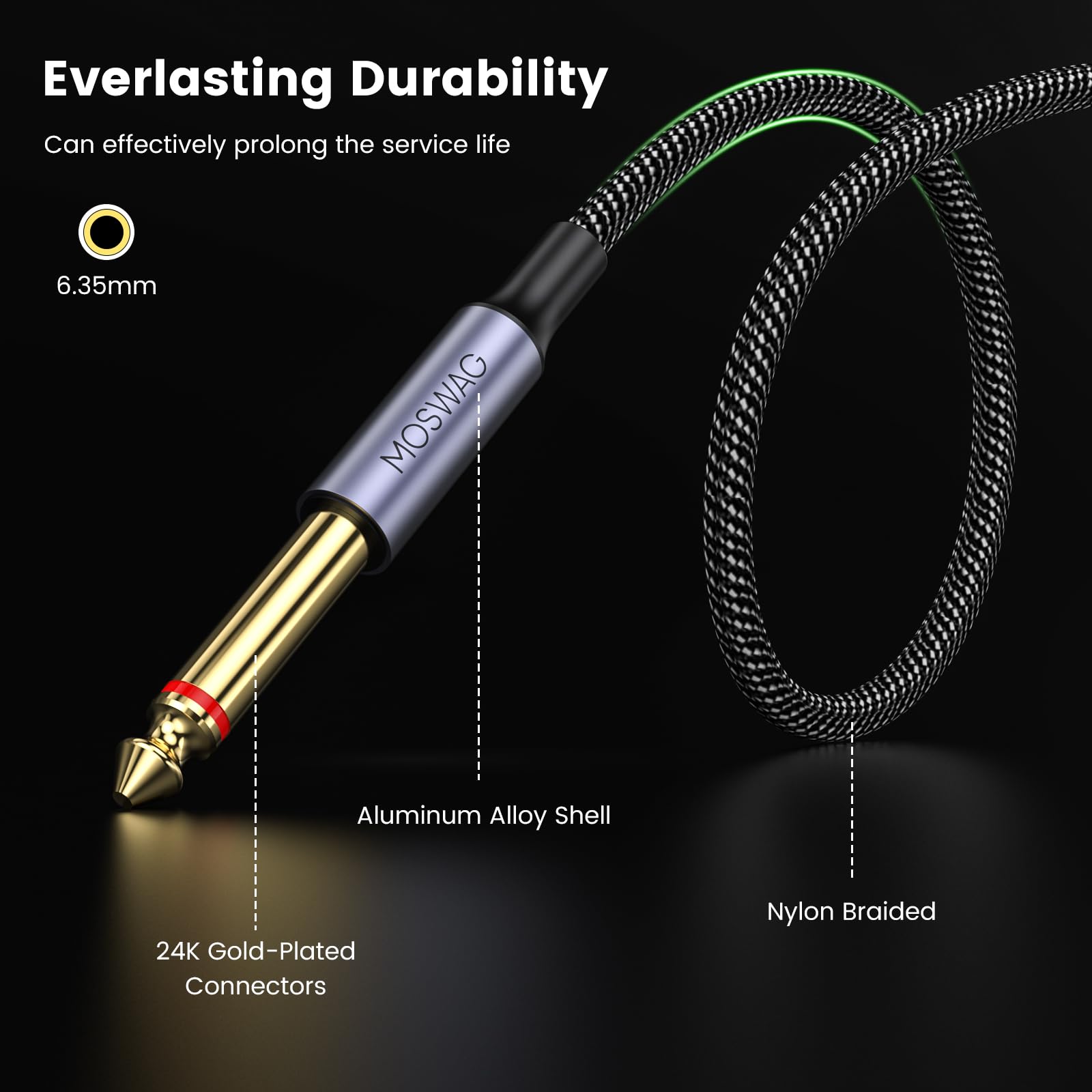 Moswag 1/4 Inch Trs Instrument Cable 32.8Ft/10M 1/4 Inch To 1/4 Inch Ts Male To Male Plug Mono Audio Cord For Bass Guitar, Elect