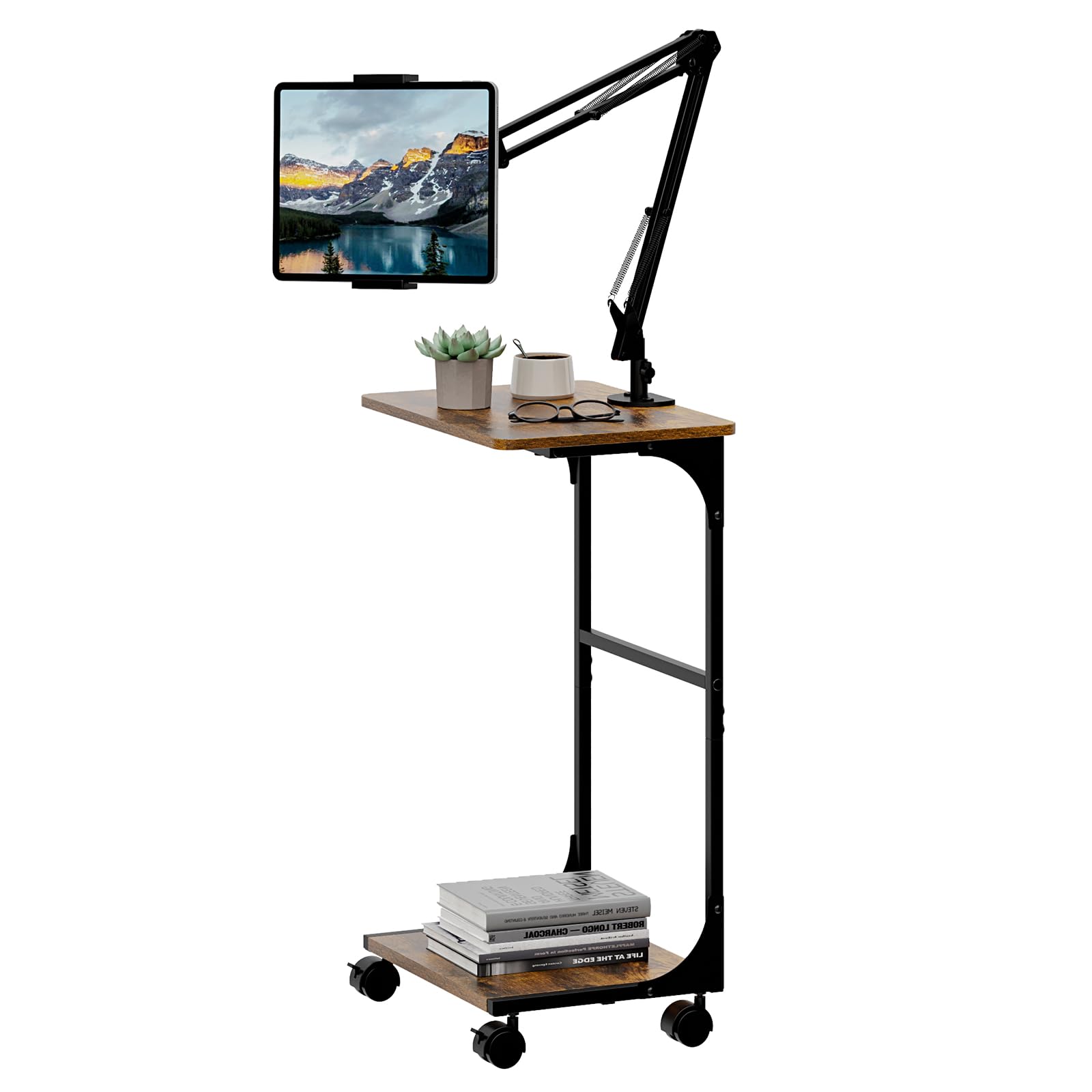 Floor Kindle Tablet iPad Stand with 2-Tier Storage Shelves,Angle Height Adjustable iPad Tablet Kindle Holder for Bed with 360-De