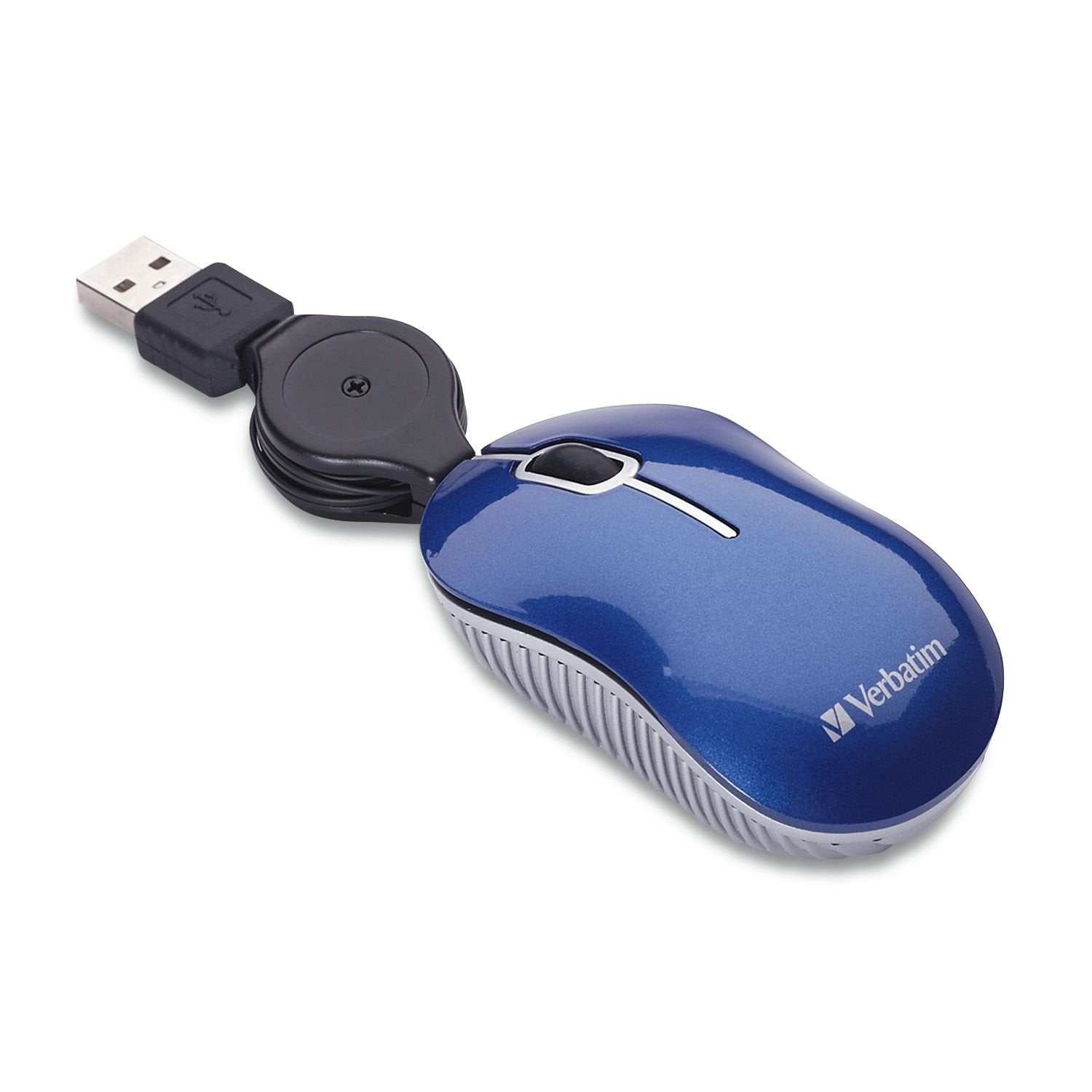 Verbatim Wired Optical Computer Mini USB-A Mouse - Plug & Play Corded Small Travel Mouse with Retractable Cable - Blue 98616