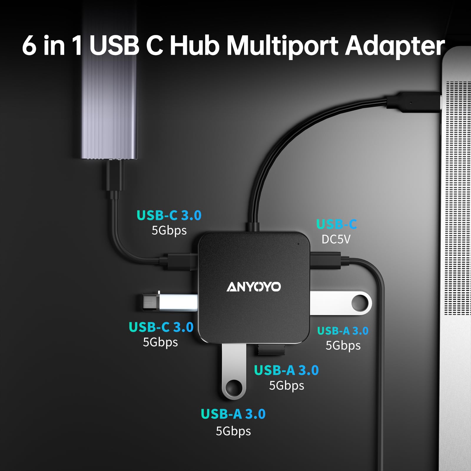 6 Ports Usb Hub 3.0, Usb C/A Hub With 3 Usb A 3.0, 2 Usb C 3.0 And 1 Usb C Dc 5V Port, Usb Hub For Laptop Pc, Usb Hub With Multi