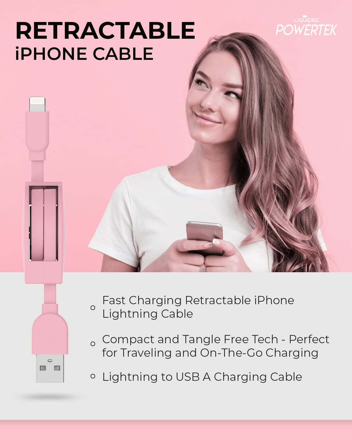 Liquipel Powertek Retractable Mfi Certified Charger Compatible For Apple Iphone, Ipad, 3Ft Cable, Lightning To Usb Cable Cord, Fast Charging Lightning Cable (Pink)