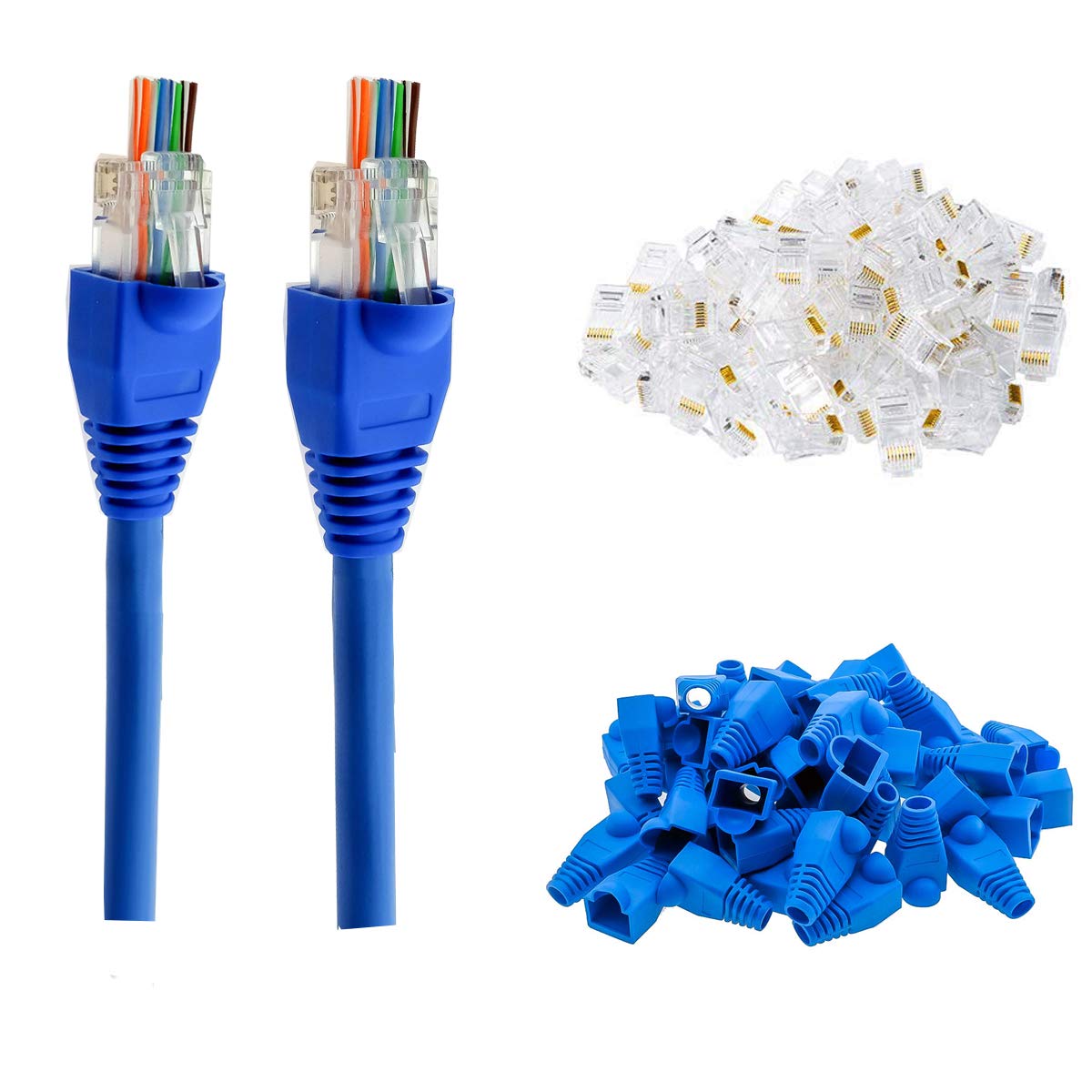 Petechtool Rj45 Cat6 Pass Through Connectors Gold Plated 8P8C Ends And Blue Strain Relief Boots For Cat6 Rj45 Ethernet Network C