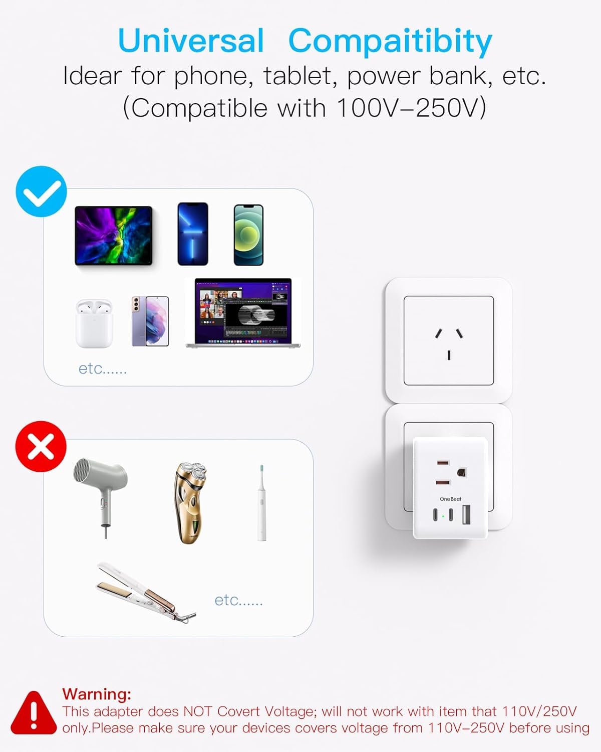Australia New Zealand Power Plug Adapter, Us To Australia Travel Adapter With 3 American Outlets 3 Usb Ports (2 Usb C), Type I P