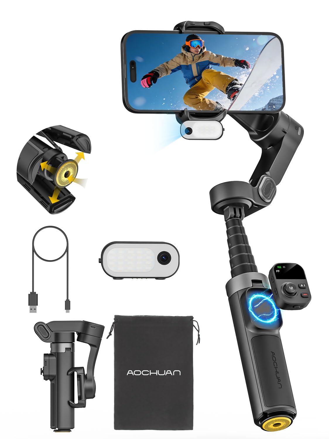 AOCHUAN AI Face Tracker Gimbal Stabilizer for iPhone w/Magnetic Remote, 360 Pan Rotation 3-Axis Gimbal for iPhone, Stabilizer w/