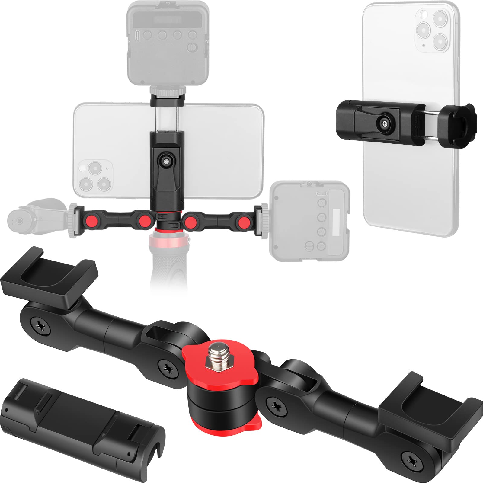 ChromLives Cold Shoe Mount Adapter with Phone Clip,Rotatable Dual Cold Shoe Extension Bracket Hot Shoe Mount Adapter for Led Lig