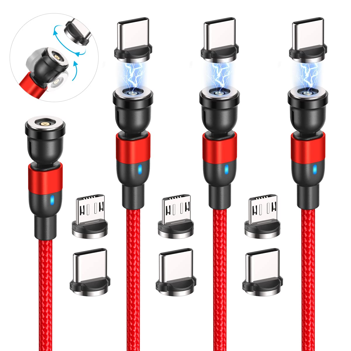 Cjoy Magnetic Charging Cable Red(4 Pack 10Ft+10Ft+10Ft+10Ft), 540�Degree Rotation Magnetic Usb Cable, Nylon Braided Magnetic Phone Charger, Charging Cable For Type C, Micro Usb