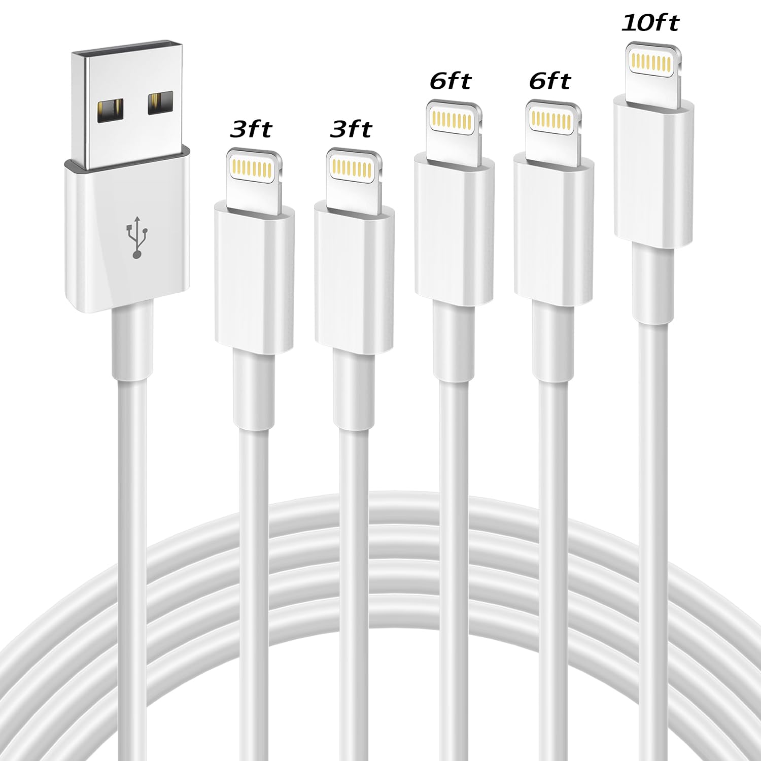 Iphone Charger(3/3/6/6/10Ft) 5Pack Mfi Certified Lightning Cable Fast Charging Cords Apple Charger Compatible With Iphone 14 13 12 11 Xs Xr X Pro Max Mini 8 7 6S 6 Plus 5S Se Airpods