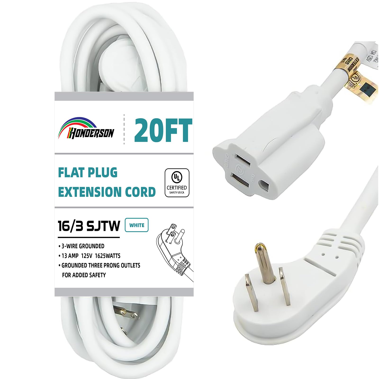 Honderson Flat Plug Indoor Extension Cord, Ul Listed, 16 Gauge 20Ft White 3 Prong Heavy Duty Extension Cord, 16/3 Sjtw 13A Power
