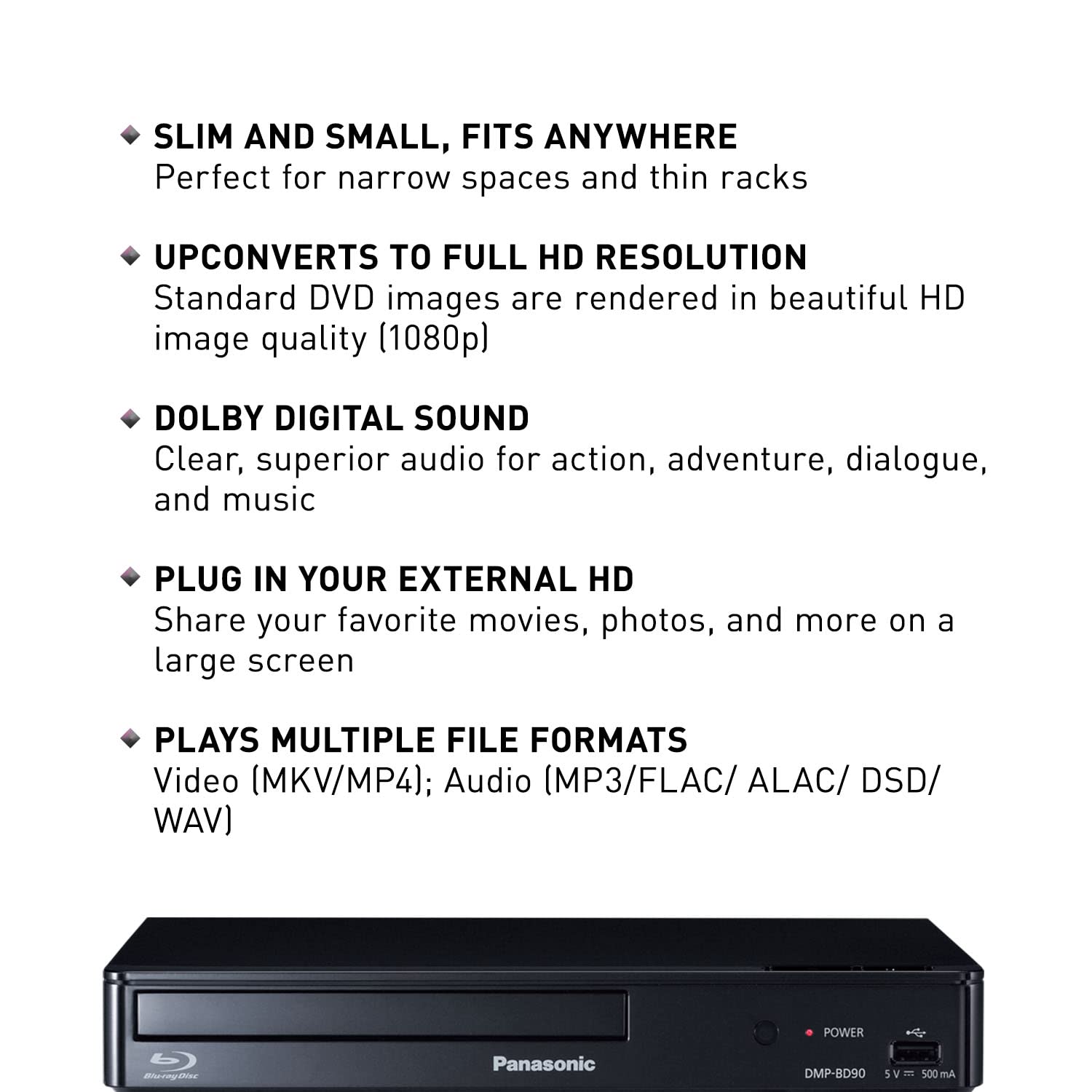 Panasonic Blu Ray Dvd Player With Full Hd Picture Quality And Hi Res Dolby Digital Sound, Dmp Bd90P K, Black