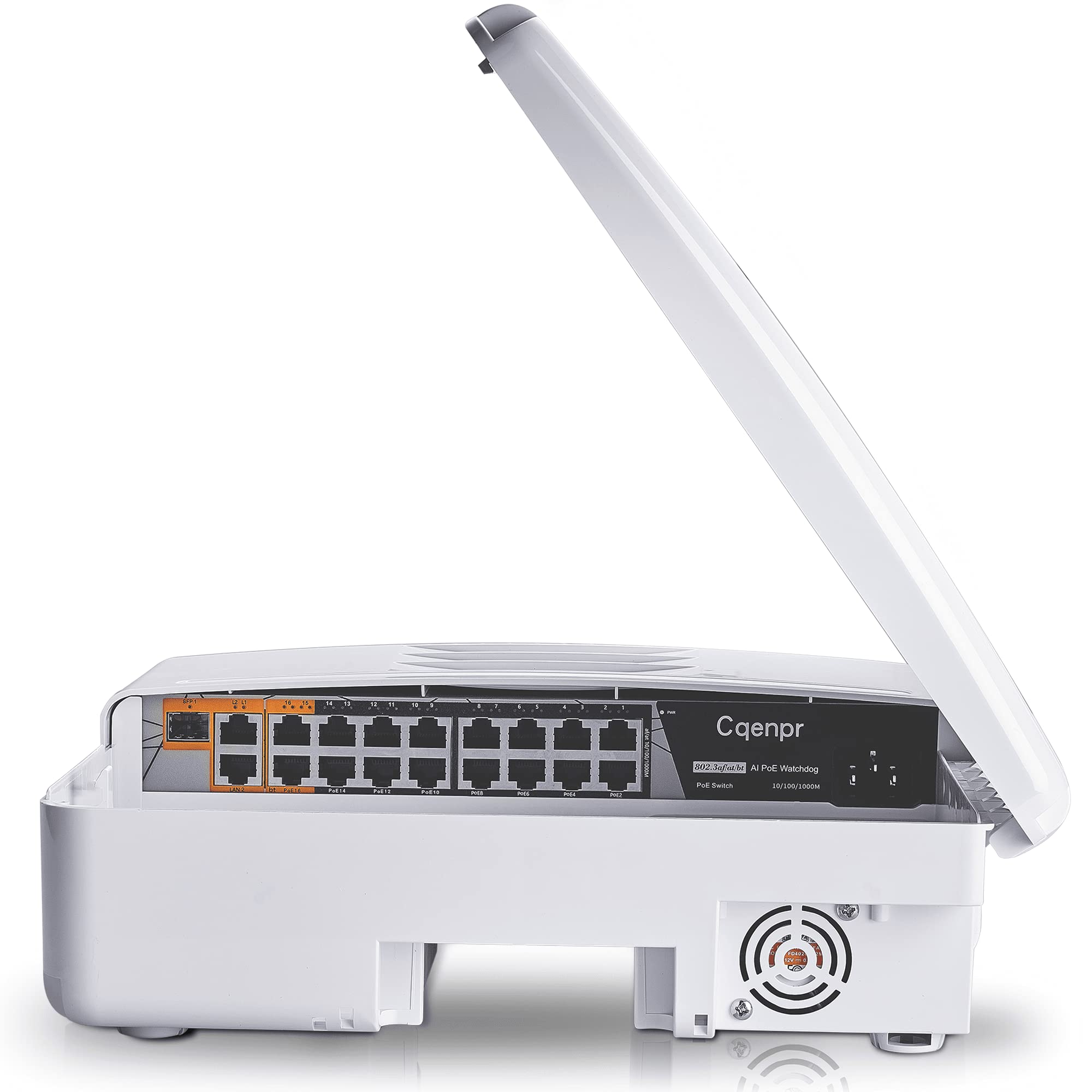 Cqenpr Outdoor 19 Port Poe Switch, IEEE802.3af/at/bt, All-in-One Box, Total 250W, High Power Output, Play & Plug, Fan Unmanaged,