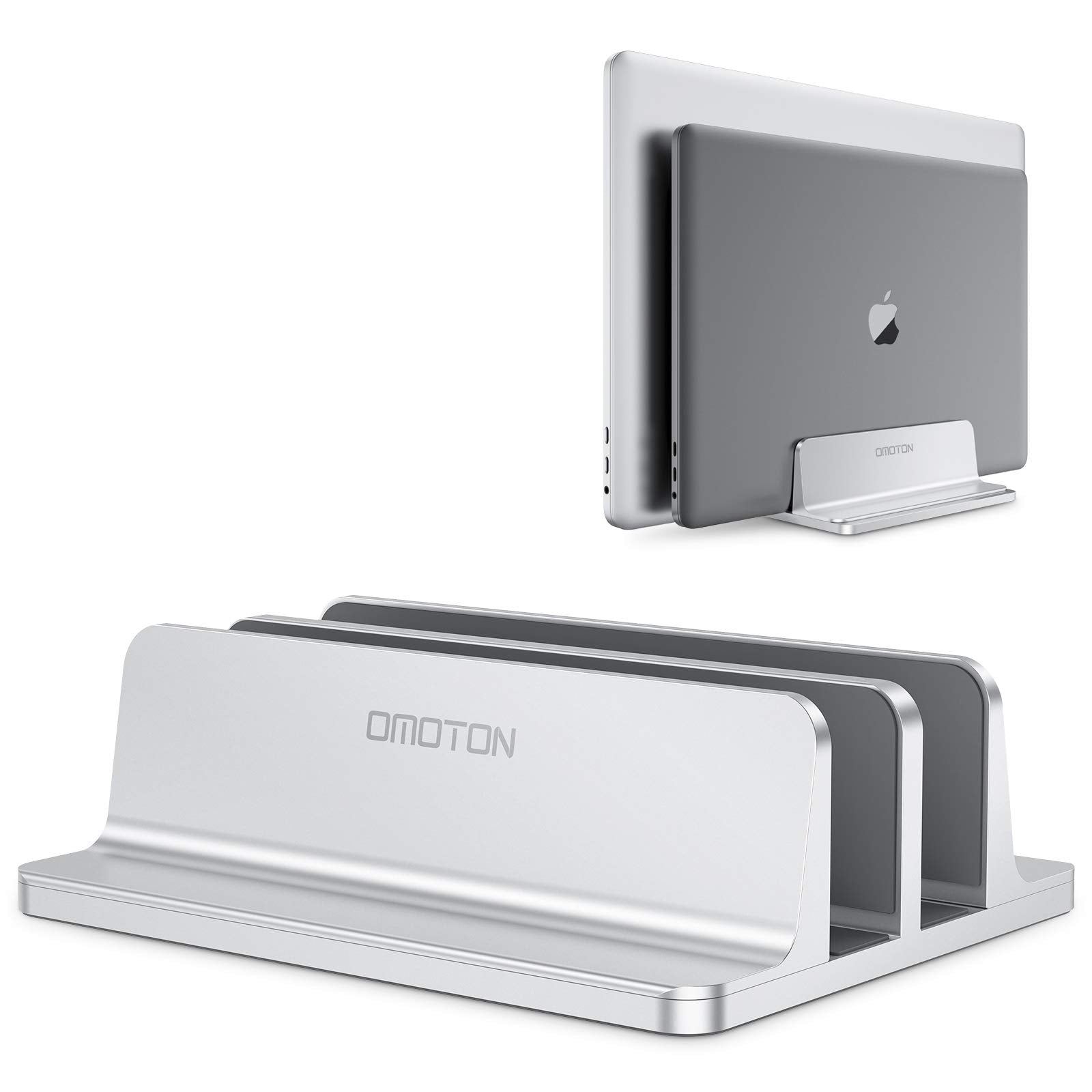 Omoton [Updated Dock Version Vertical Laptop Stand, Double Desktop Stand Holder With Adjustable Dock (Up To 17.3 Inch), Fits All Macbook/Surface/Samsung/Hp/Dell/Chrome Book (Silver)