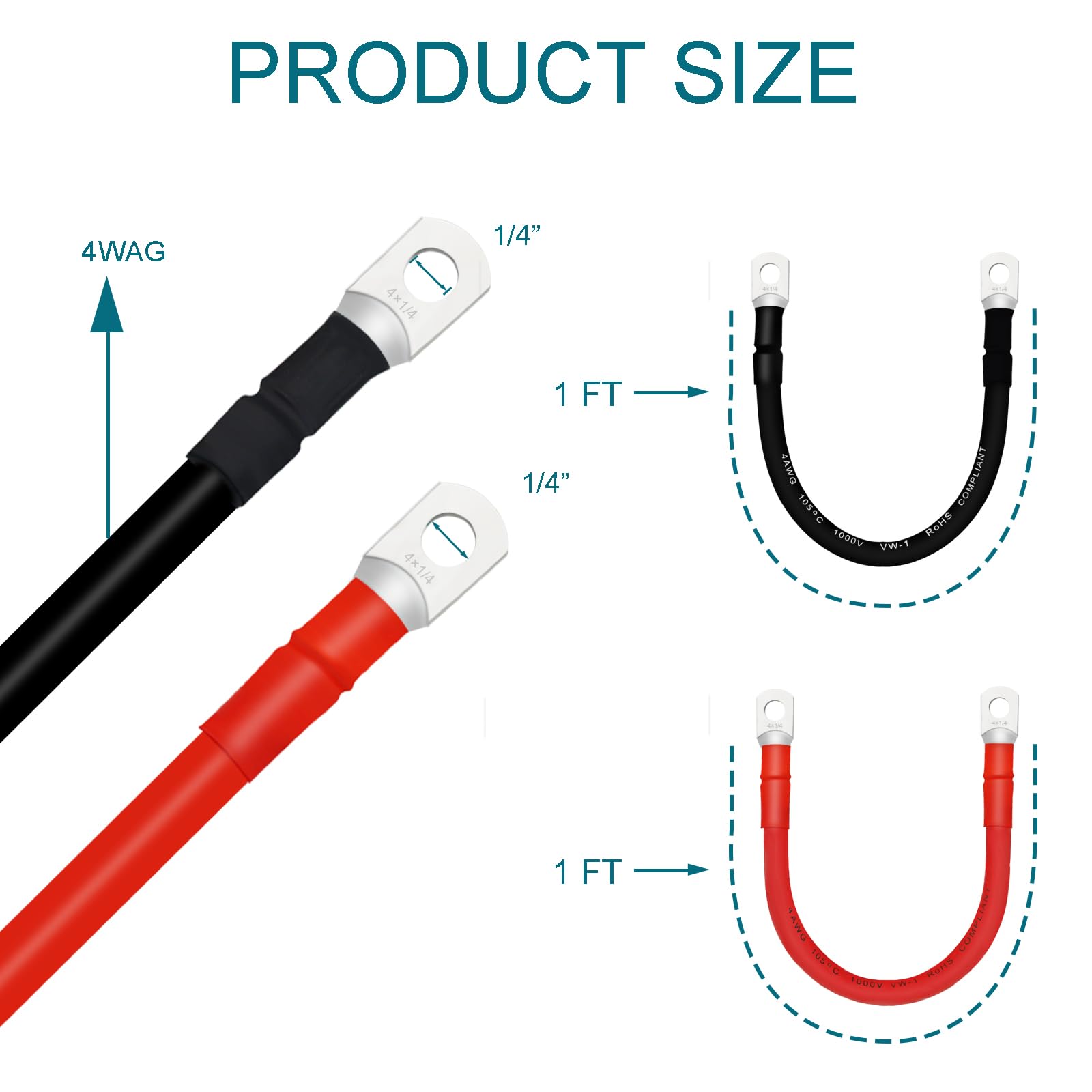 Qiatol 4 Awg Battery Cables With Terminals, 2Pcs Copper Battery Cables