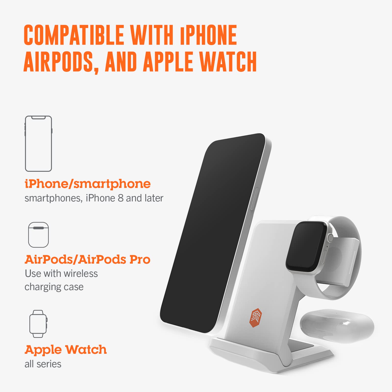 Stm Chargetree Go   Portable 3 In 1 Wireless Charging Station For Iphone/Samsung/Android (15W/7.5W), Airpods (5W), Apple Watch (