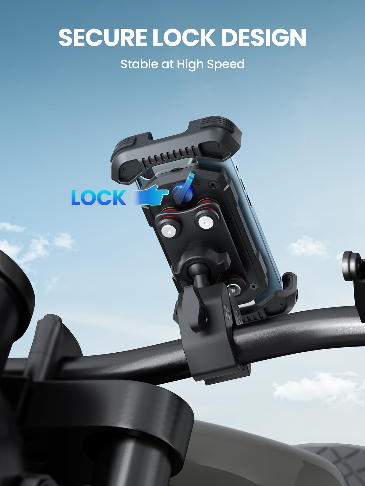 Tounee Motorcycle Phone Holder Mount -Dual Vibration Dampener, Tool-Free Bike Phone Holder Handlebar Clip & Secure Lock For Ipho