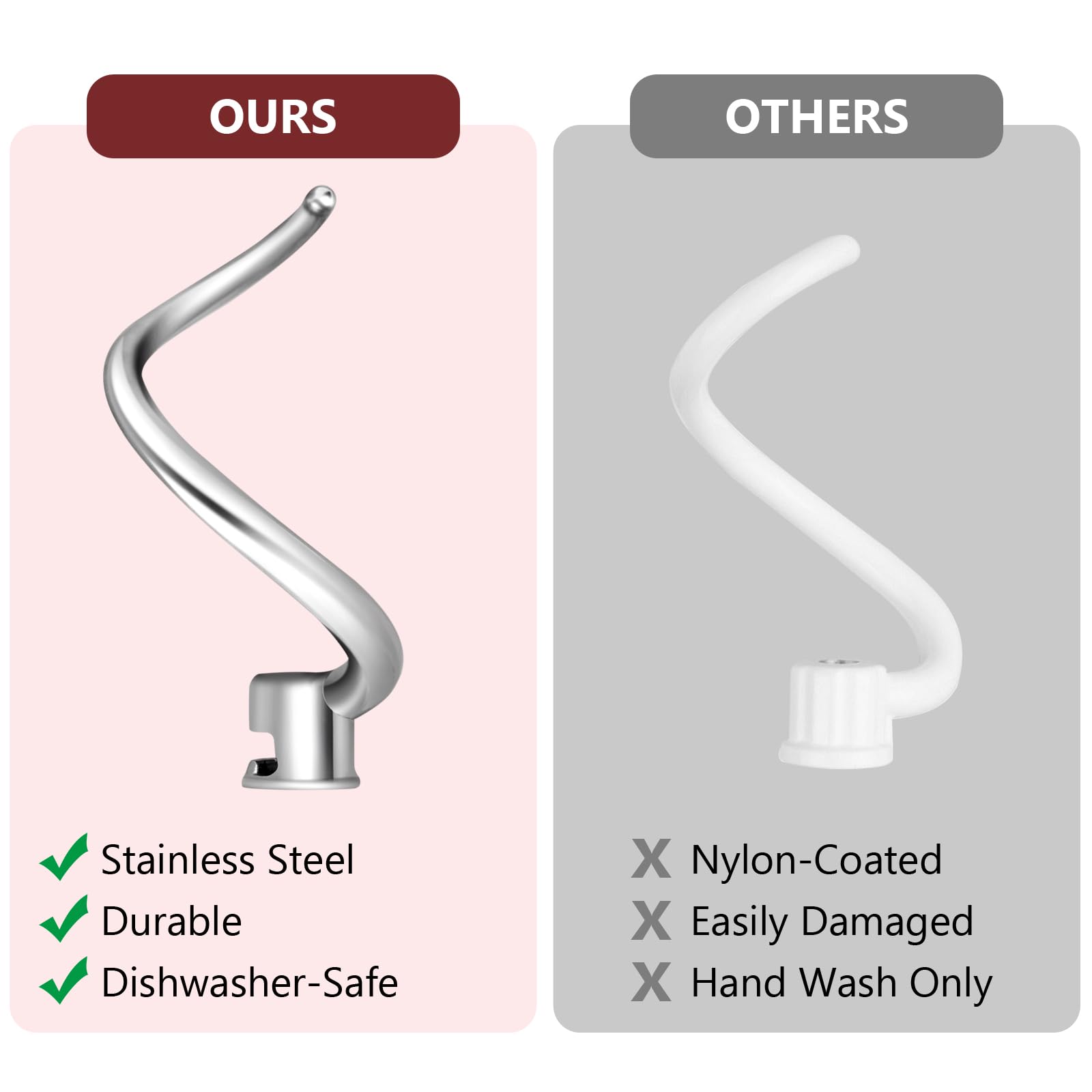 Letoms Dough Hook Replacement For Kitchenaid 7Qt Bowl Lift Stand Mixers, Spiral And Stainless Steel Hook For Kitchen Aid Attachm