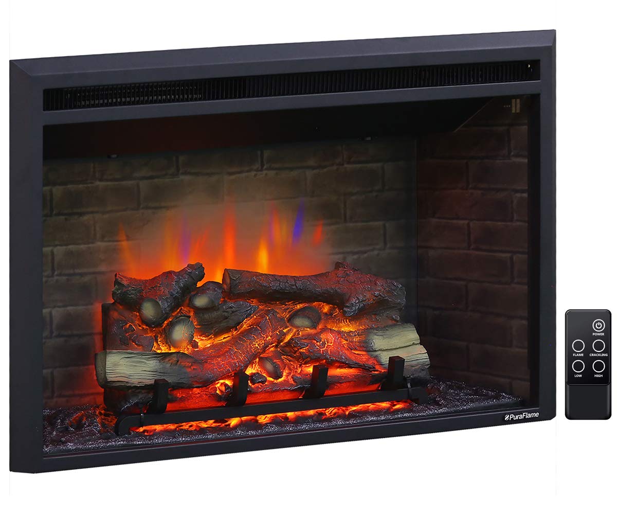 Puraflame Western Electric Fireplace Insert With Fire Crackling Sound, Remote Control, 750/1500W, Black, 33 5/64 Inches Wide, 21