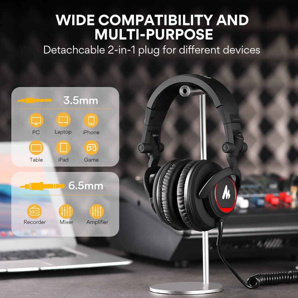 Maono 50Mm Drivers Over Ear Studio Headphones, Au Mh501 Stereo Monitor Closed Back Headphones, Lightweight Foldable Design For S