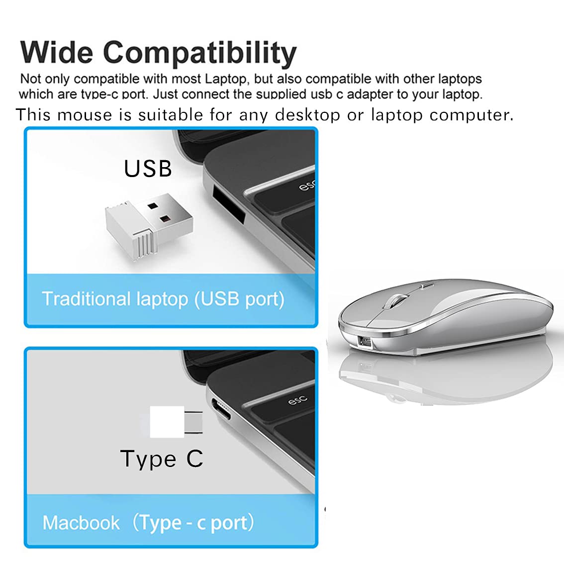 Jetta Wireless Mouse For Macbook Pro, Macbook Air, Laptop, Desktop, Chromebook, Win7/8/10/11, Pc   Silver