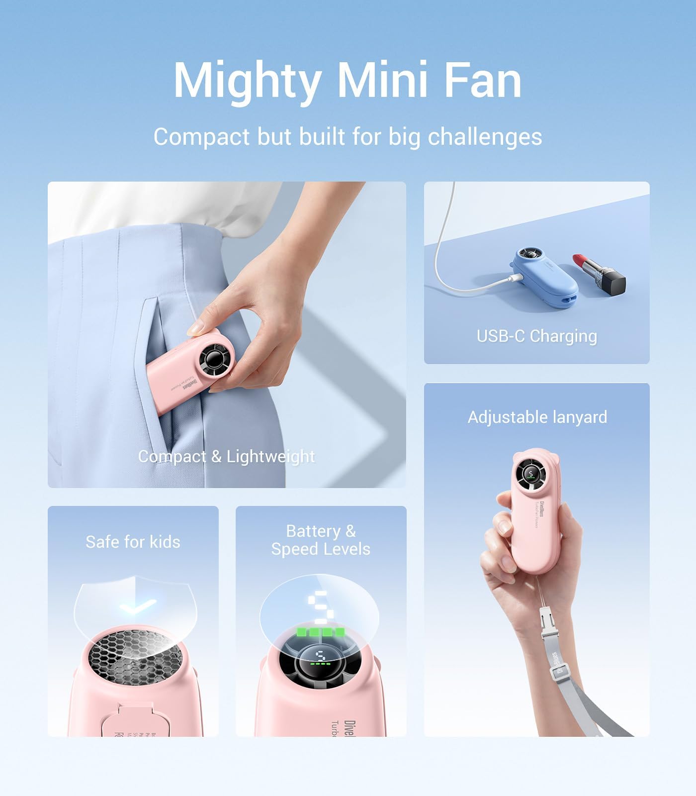 Diveblues Turbobear Mini Portable Handheld Turbo Fan  Powerful Air Speed, Ultra Light 86.5G Hand Fan, 5 Gear Cooling, Rechargeab