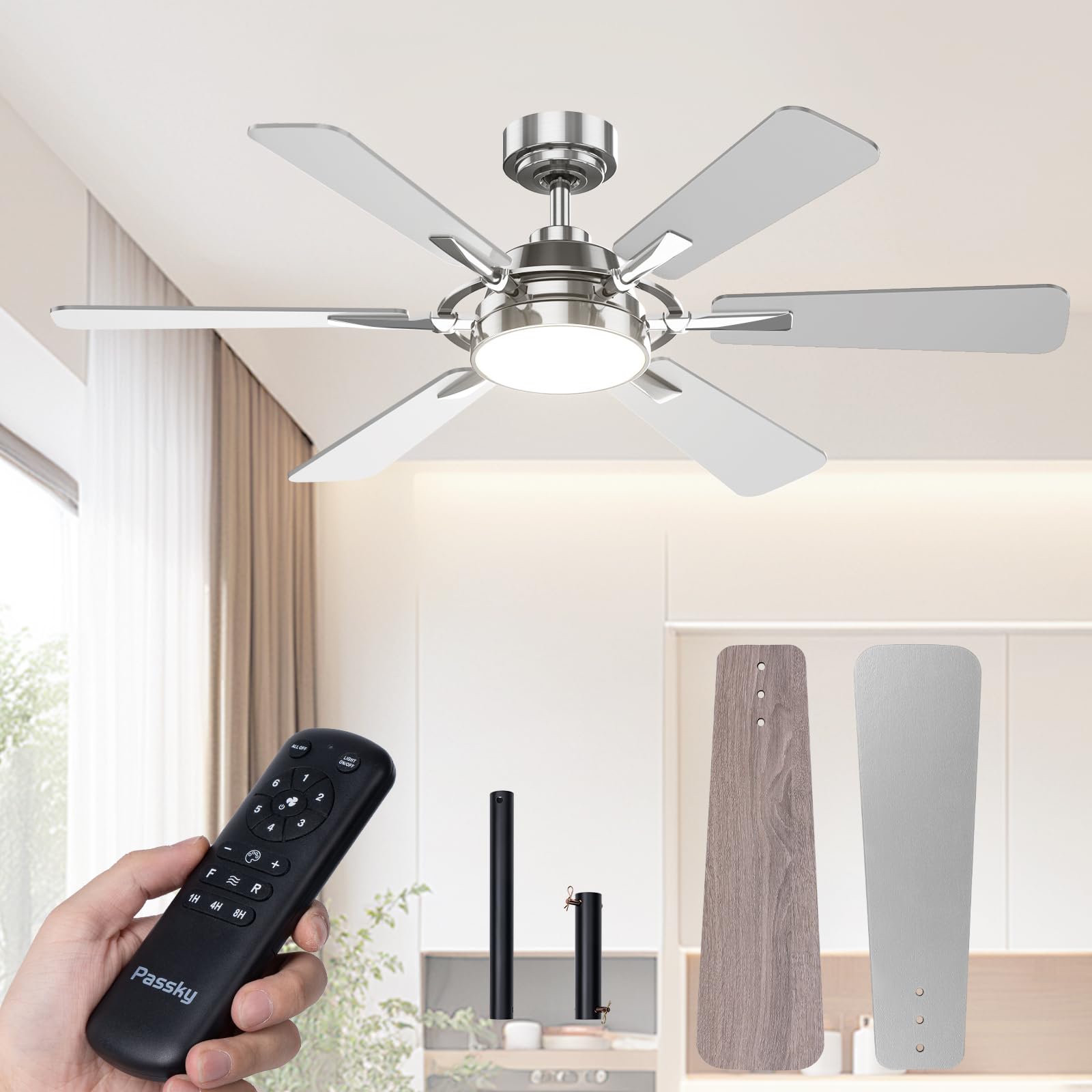 Passky Ceiling Fans with Lights, 52 inch Nickel Ceiling Fan with Light and Remote Control, Reversible, Dimmable, 3CCT, Quiet, Ce