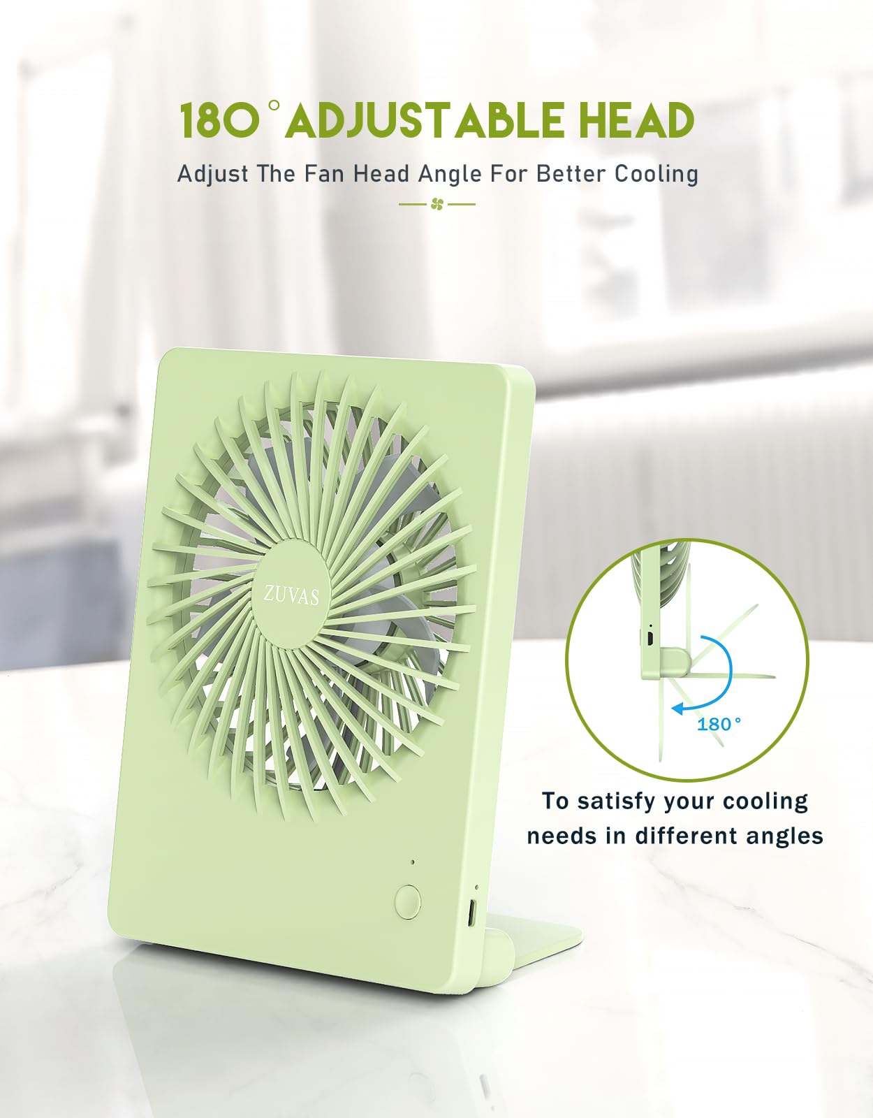 Zuvas Desk Fan Battery Operated Rechargeable 180Tilt Folding Personal Ultra Quiet Small Portable Fan Light Green