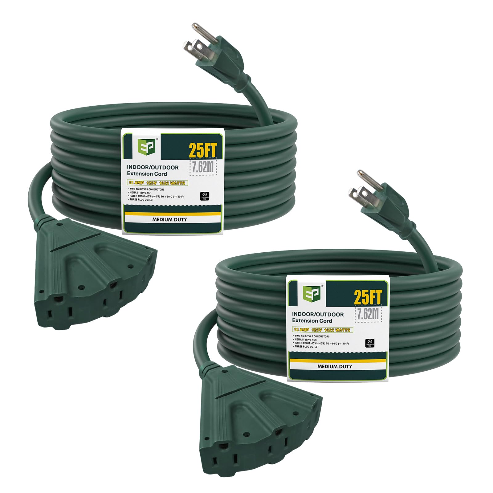 Ep 2 Pack 25 Ft Outdoor Extension Cord With 3 Electrical Power Outlets   16/3 Sjtw Green Cable With 3 Prong Grounded Plug For Sa