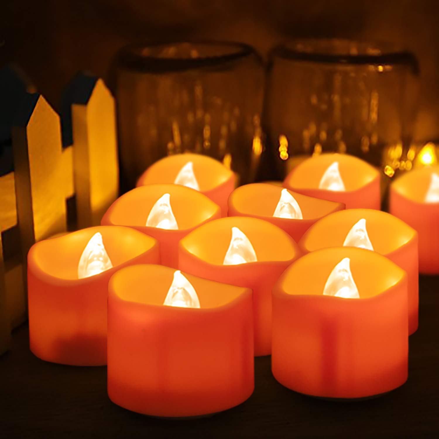 Beichi 24 Pack Halloween Tea Lights, Realistic Orange Tea Candles, Battery Operated Flameless Tealights For Halloween, Fall Deco