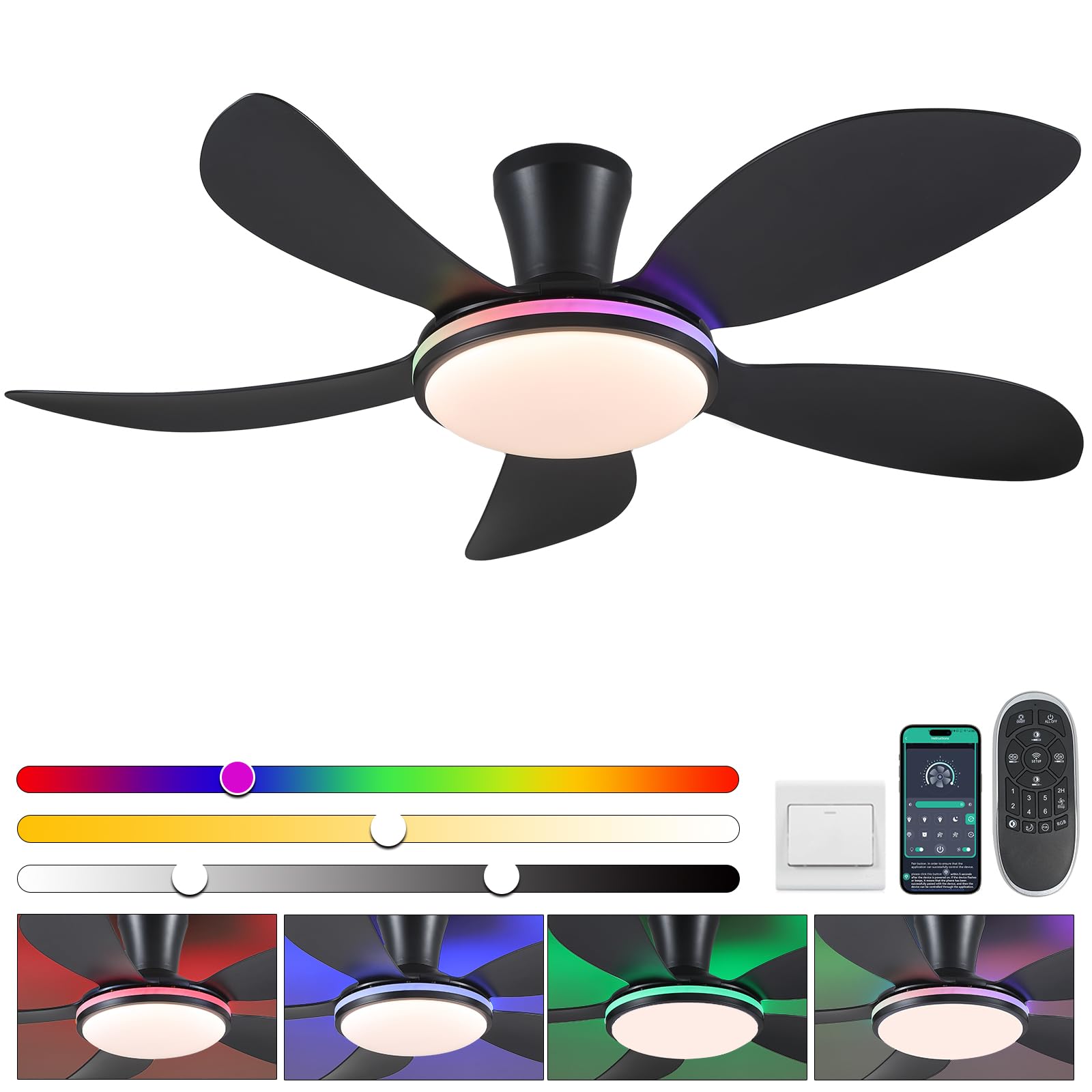 PHORUS 48 RGB Ceiling Fans with Lights and Remote/APP,Black Low Profile Ceiling Fans with Quiet Reversible DC Motor,Modern Flush